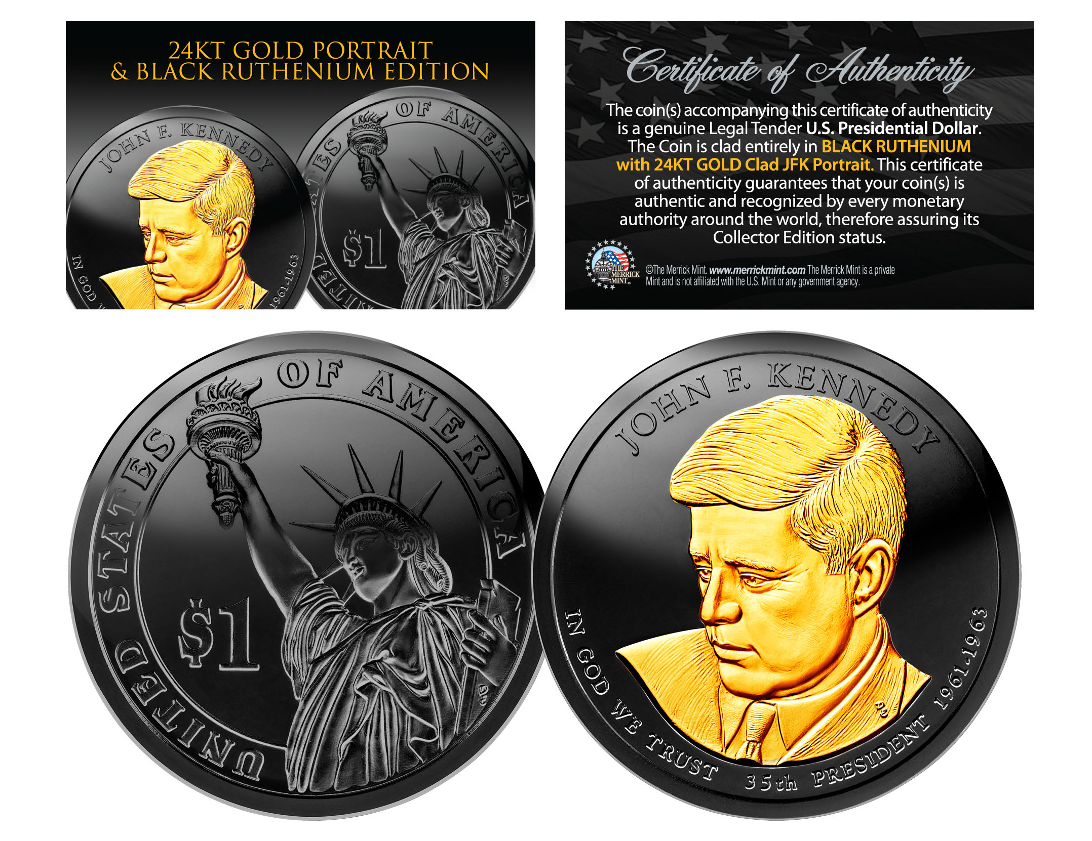 P/&D MINT 24K Gold Plated JOHN F KENNEDY 2015 Presidential $1 Dollar 2-Coin Set
