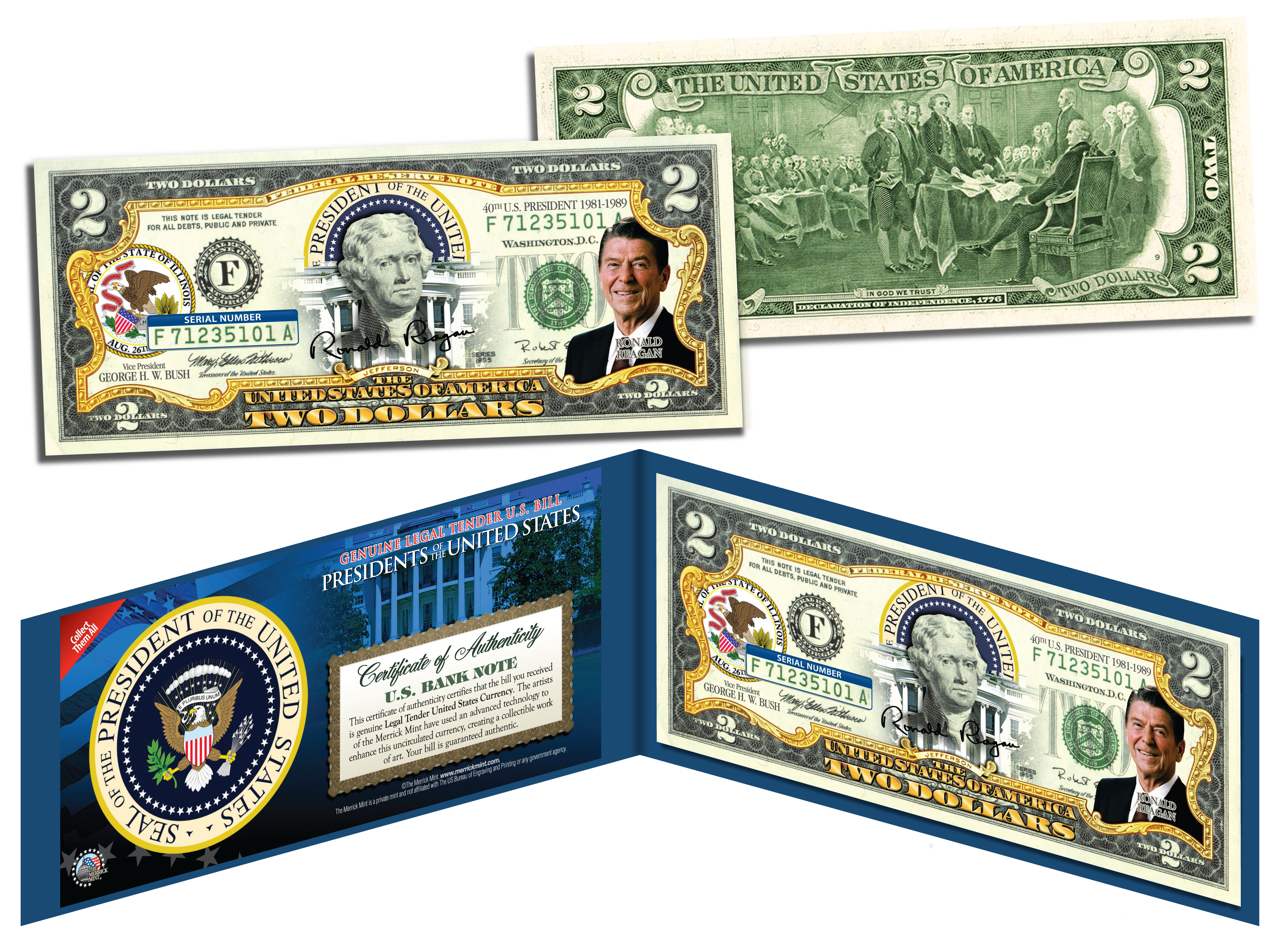 RONALD-REAGAN-40th-U-S-President-Colorized-2-Bill-US-Genuine-Legal-Tender