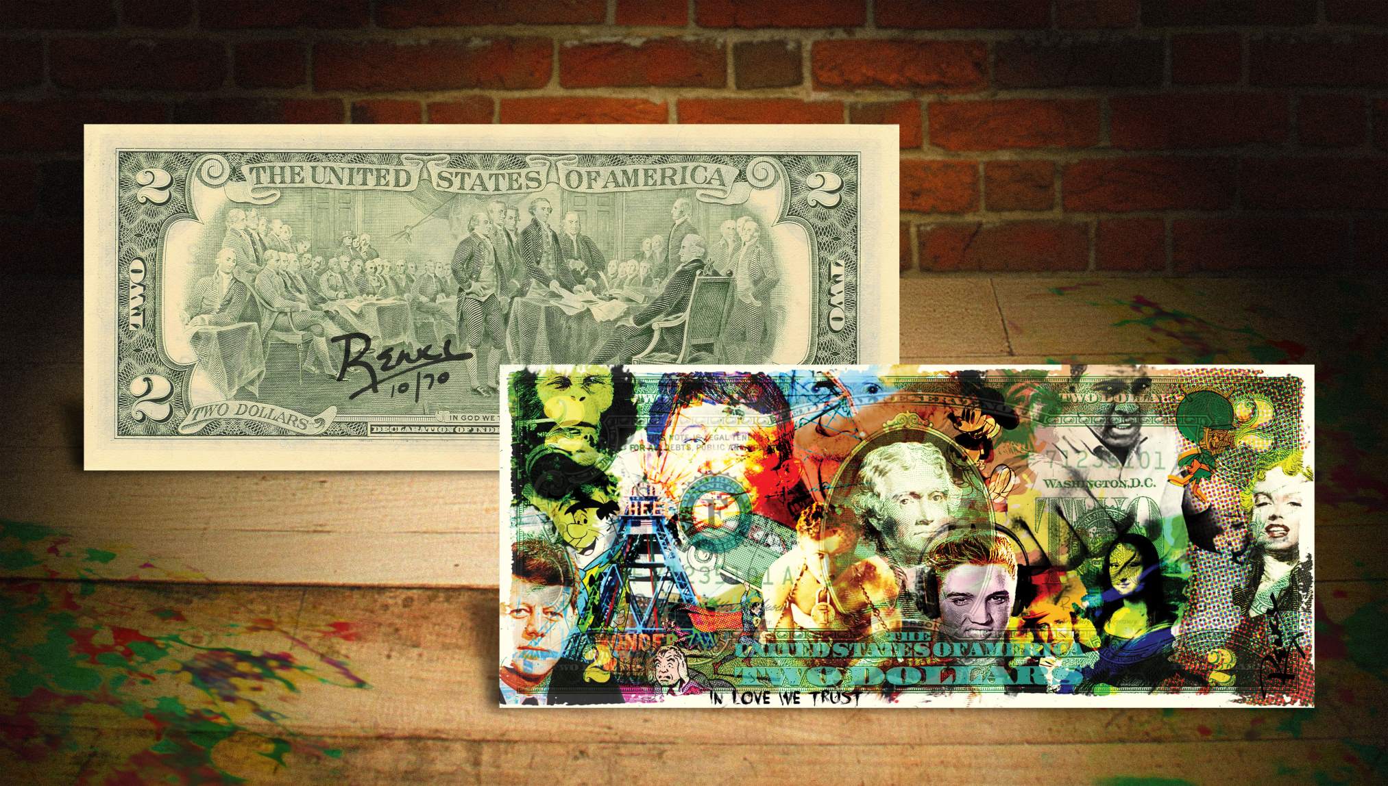 ELVIS PRESLEY GREEN by RENCY Pop Art on $2 Bill US Legal Tender S//N #//70 Banksy