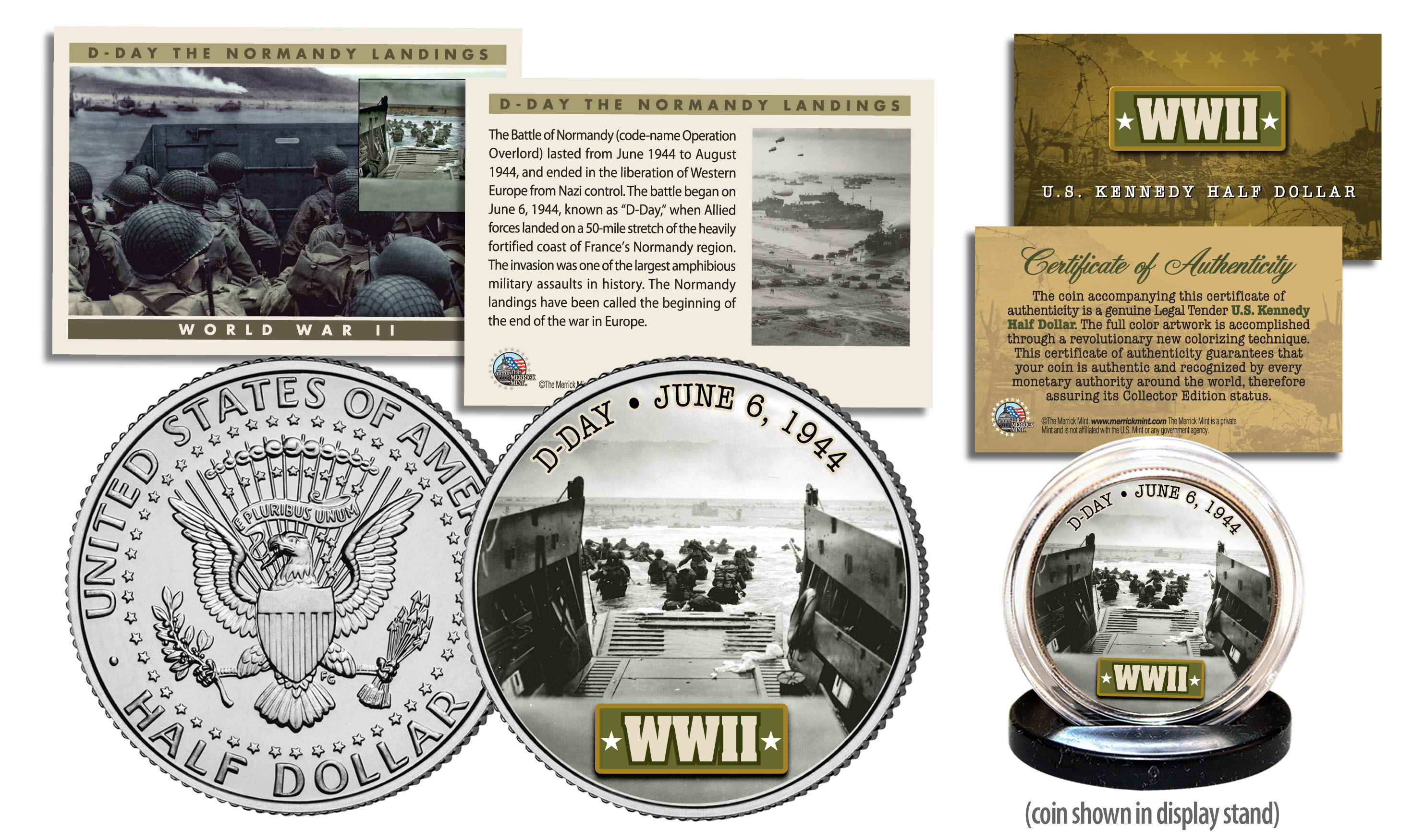 PEARL HARBOR Coin with Fact Card JFK Kennedy Half Dollar Genuine U.S WWII