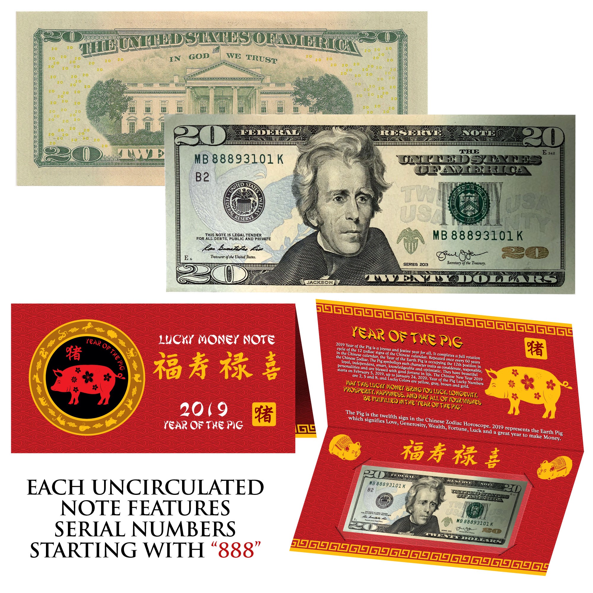 2019 CNY Chinese YEAR of the PIG Lucky Money $20 U.S Bill S//N Starts With 888