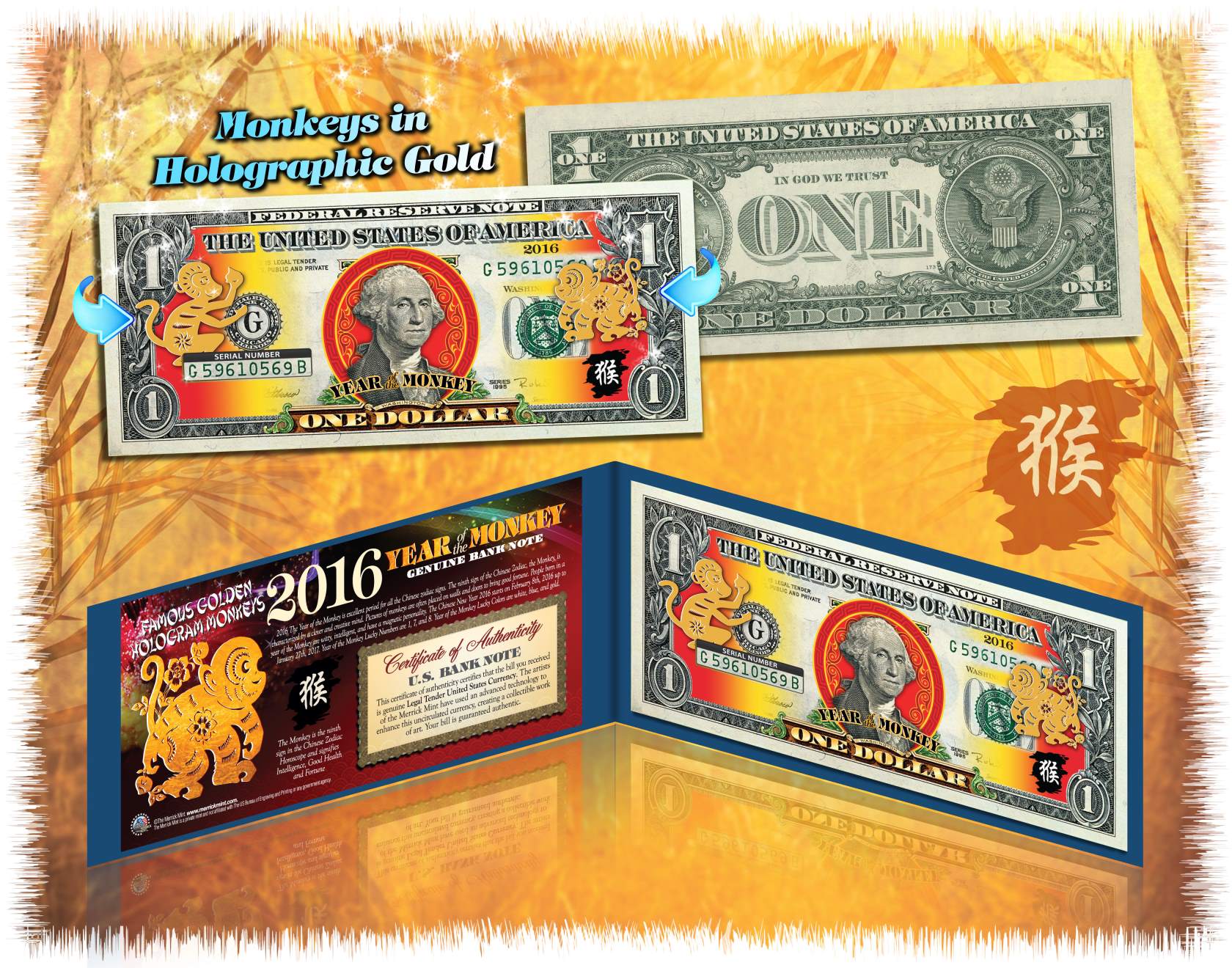 Colorized $2 Bill US Lucky Money New Lunar YEAR OF THE MONKEY Chinese Zodiac