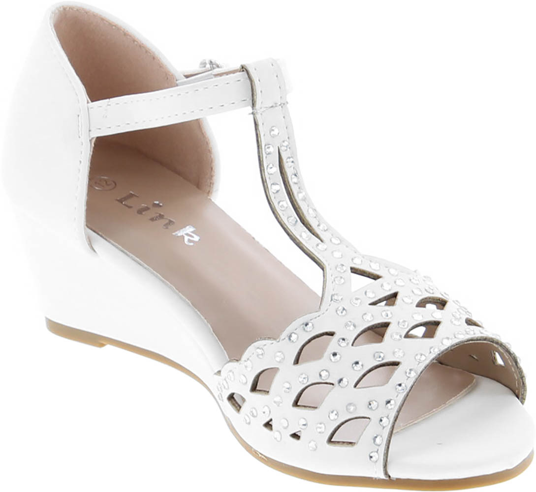 Blaze04 Kids Rhinestone Peep Toe Cut Out Ankle Strap Wedge Dress Sandal Shoes - Picture 15 of 16