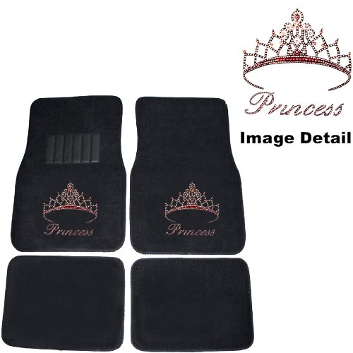 Pink Princess W Crown Crystal Studded Rhinestone Floor Mats Seat Covers Combo