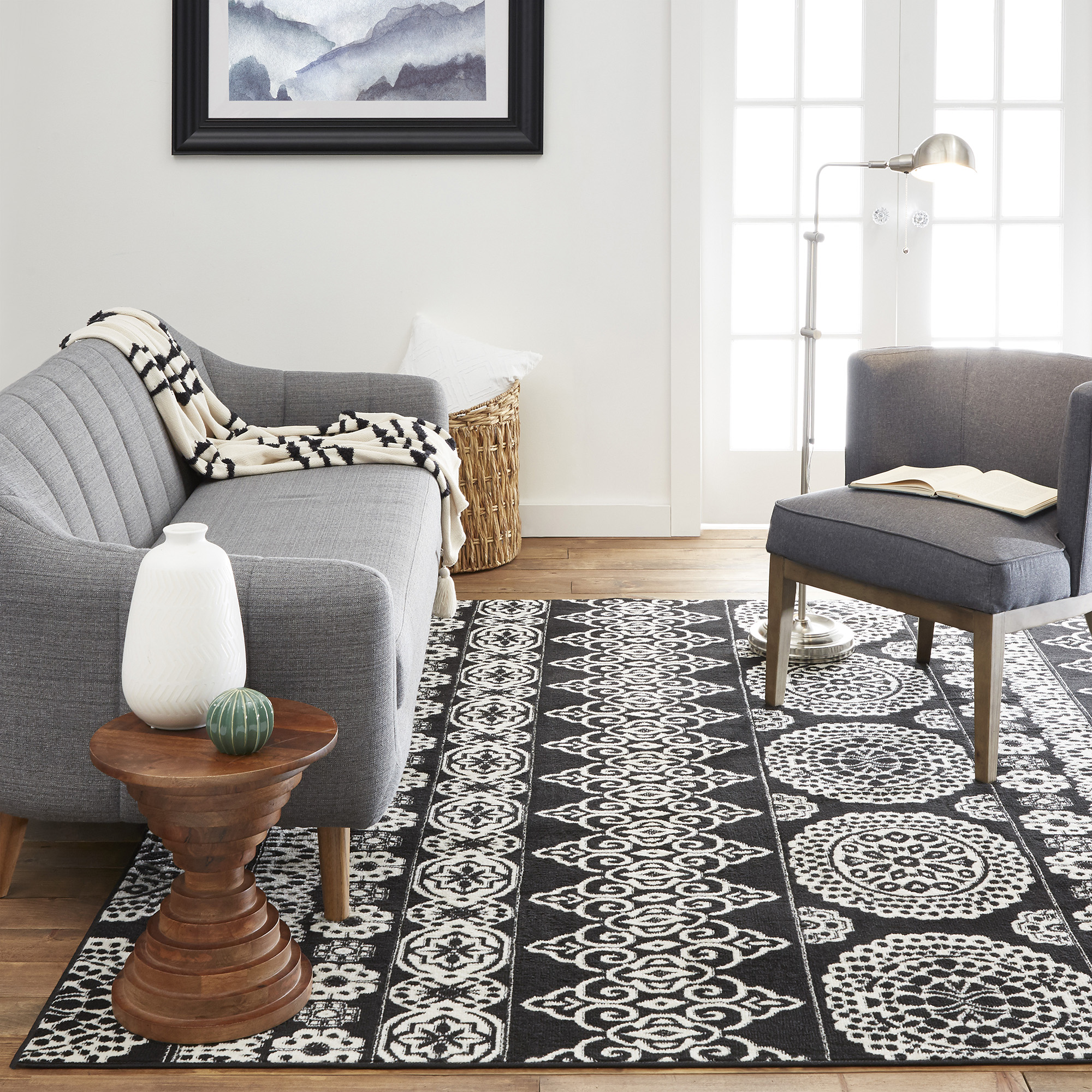 Black Geometric Modern 6x8 Area Rug Contemporary Circles Carpet - Actual 5' 2" - Picture 5 of 6