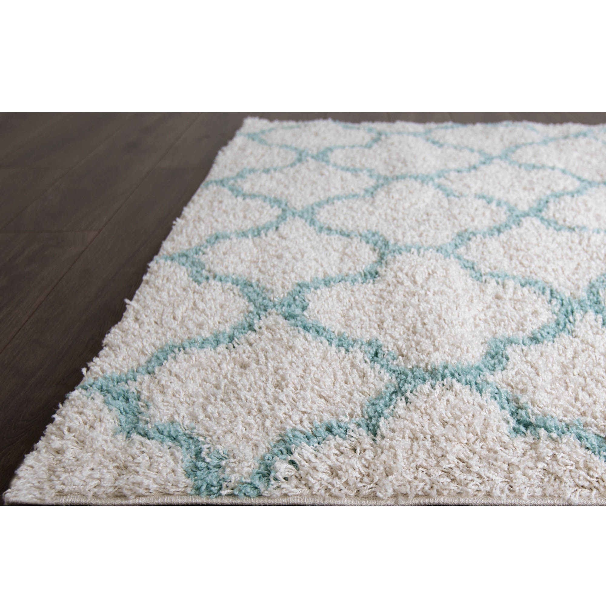 Cream/Navy Modern Large Quatrefoil Area Rug Moroccan Trellis Shag