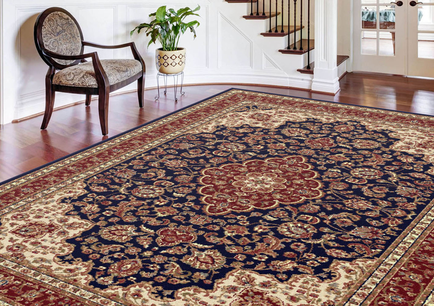 Blue Medallion Vines Oriental Area Rug Oriental Scrolls Bordered Persien Carpet - Picture 9 of 15