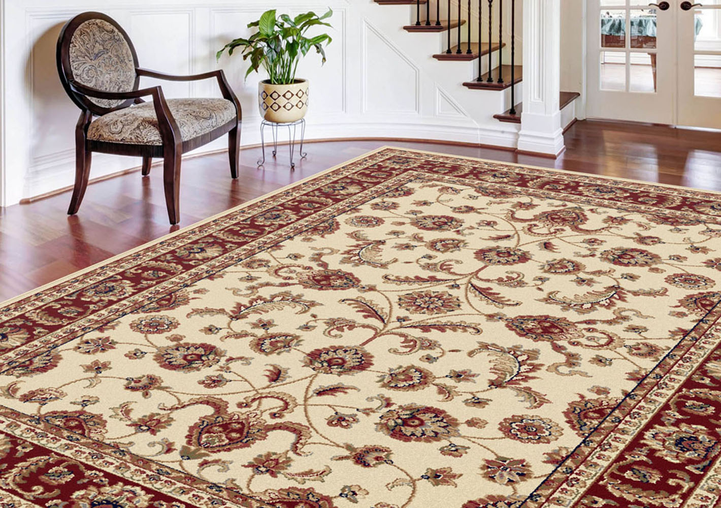 Ivory Scrolls Bordered Oriental Area Rug Oriental Leaves Vines Persien