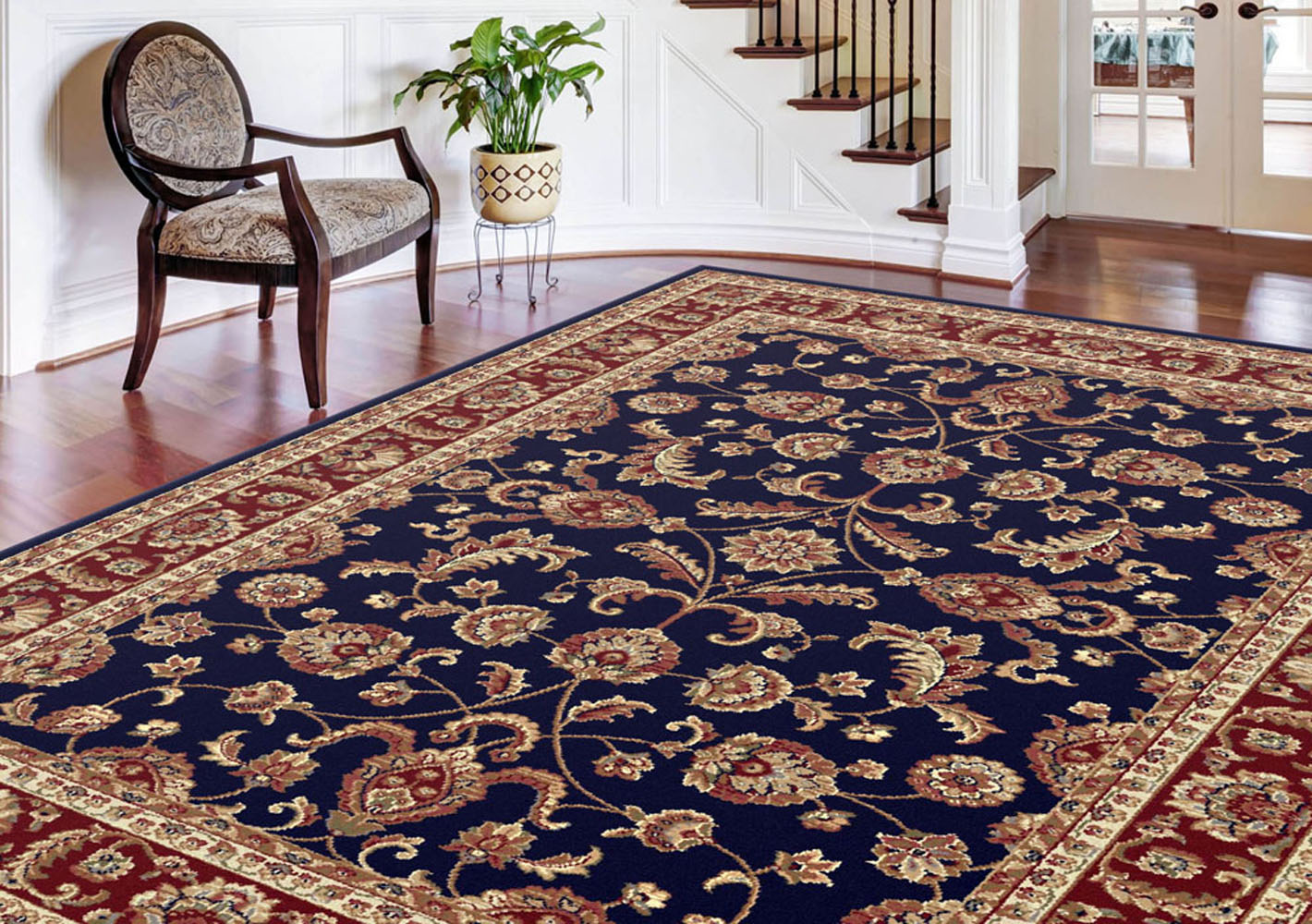 Blue Leaves Bordered Oriental Area Rug Oriental Scrolls Vines Persien Carpet - Picture 9 of 21