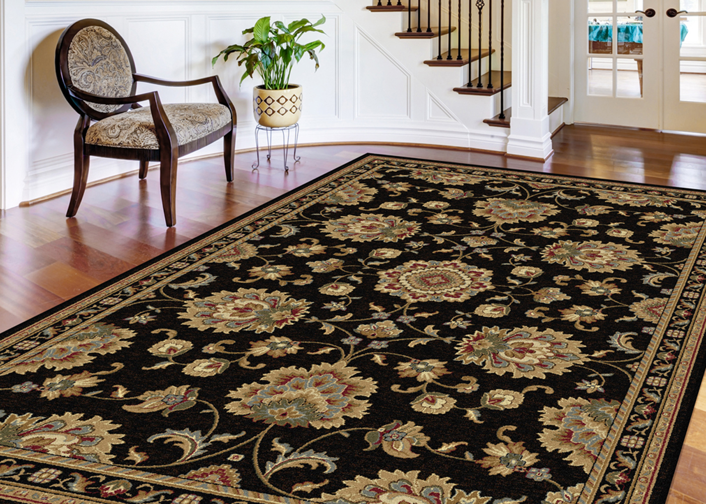 Black Circles Rings Loops Persien Area Rug Bordered Discs Vines Oriental Carpet - Picture 9 of 15