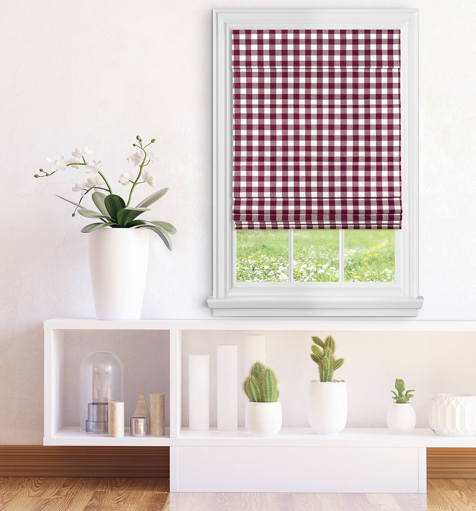 Blackout Cordless Retractable Check Plaid Gingham Taupe Window Roman
