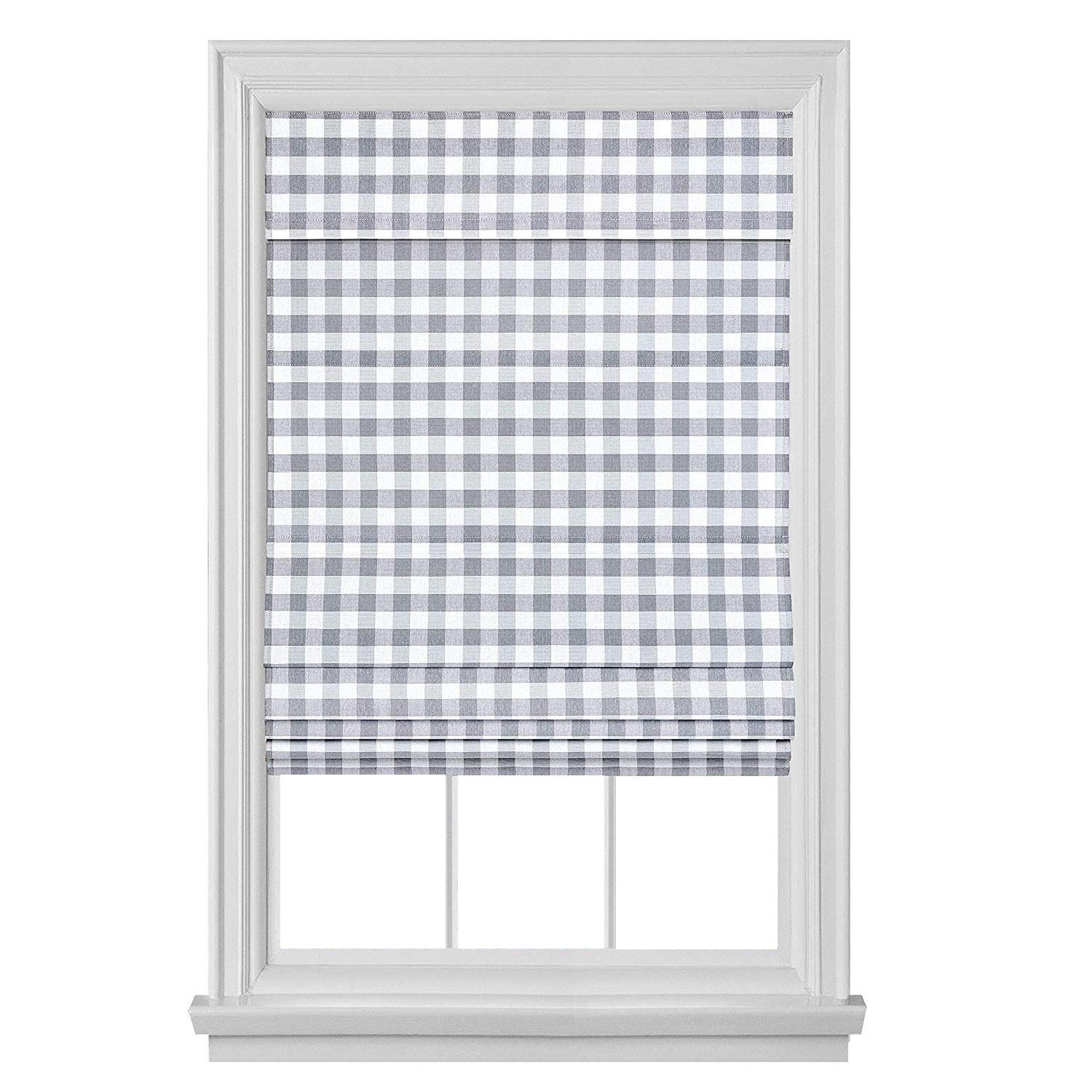 Blackout Cordless Retractable Check Plaid Gingham Taupe Window Roman ...