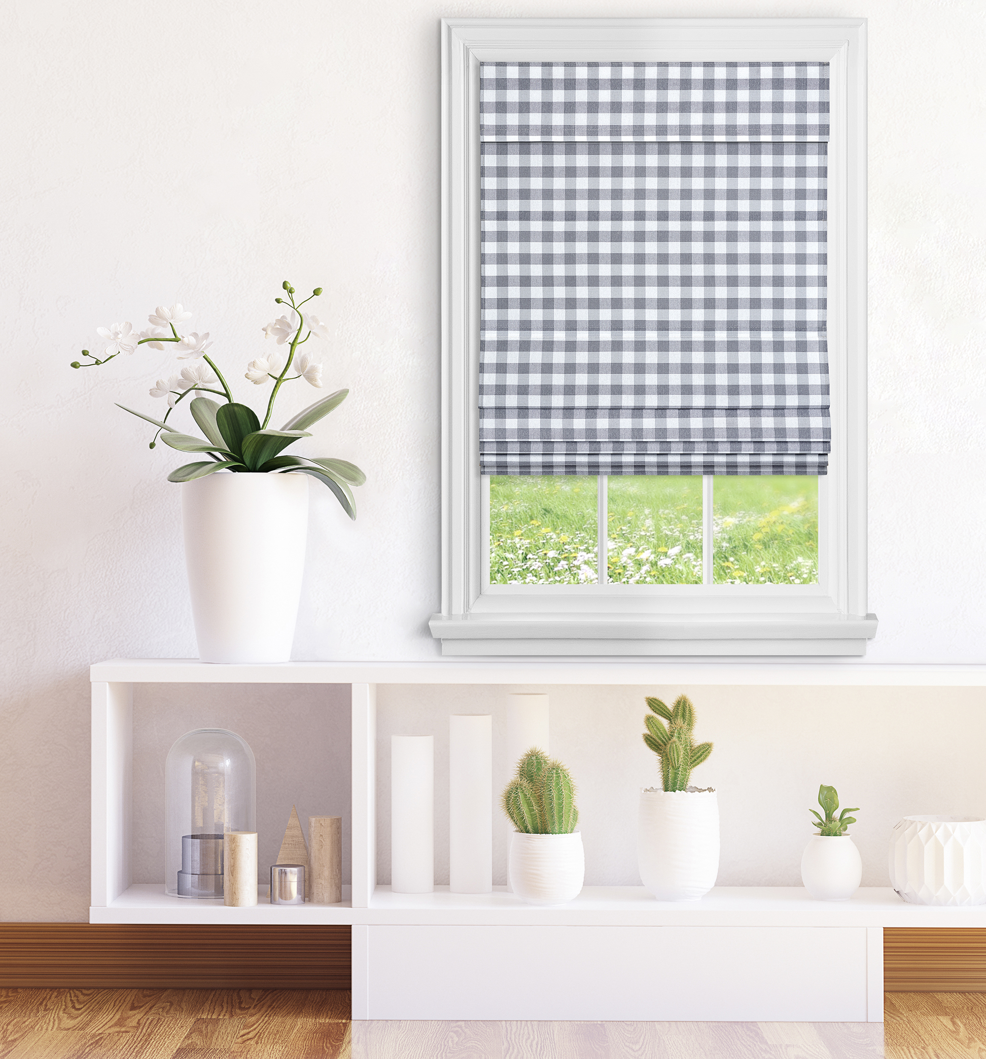 Blackout Cordless Retractable Check Plaid Gingham Taupe Window Roman