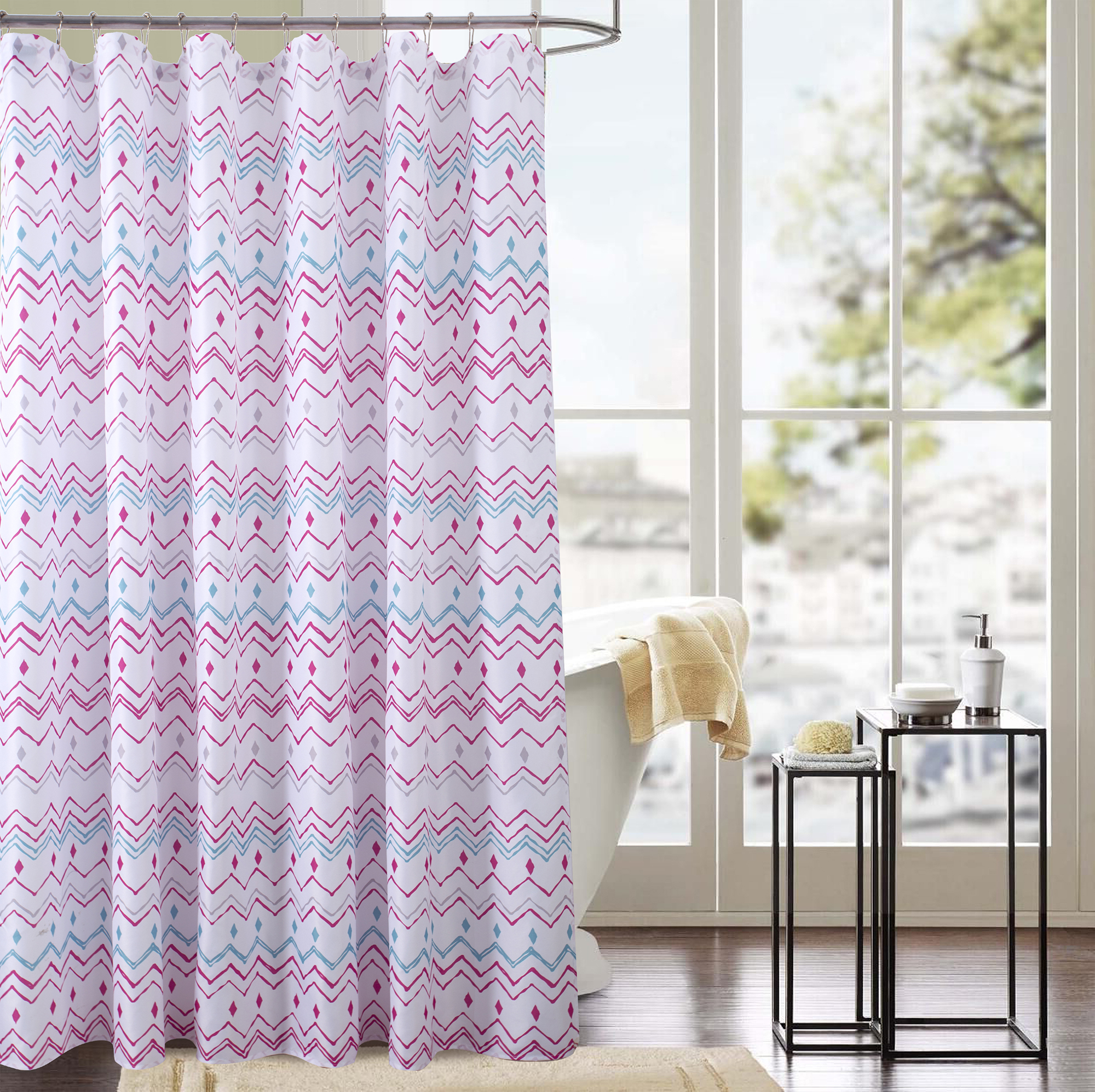White Pink Fuschia Chevron Odorless Shower Curtain With Reinforced