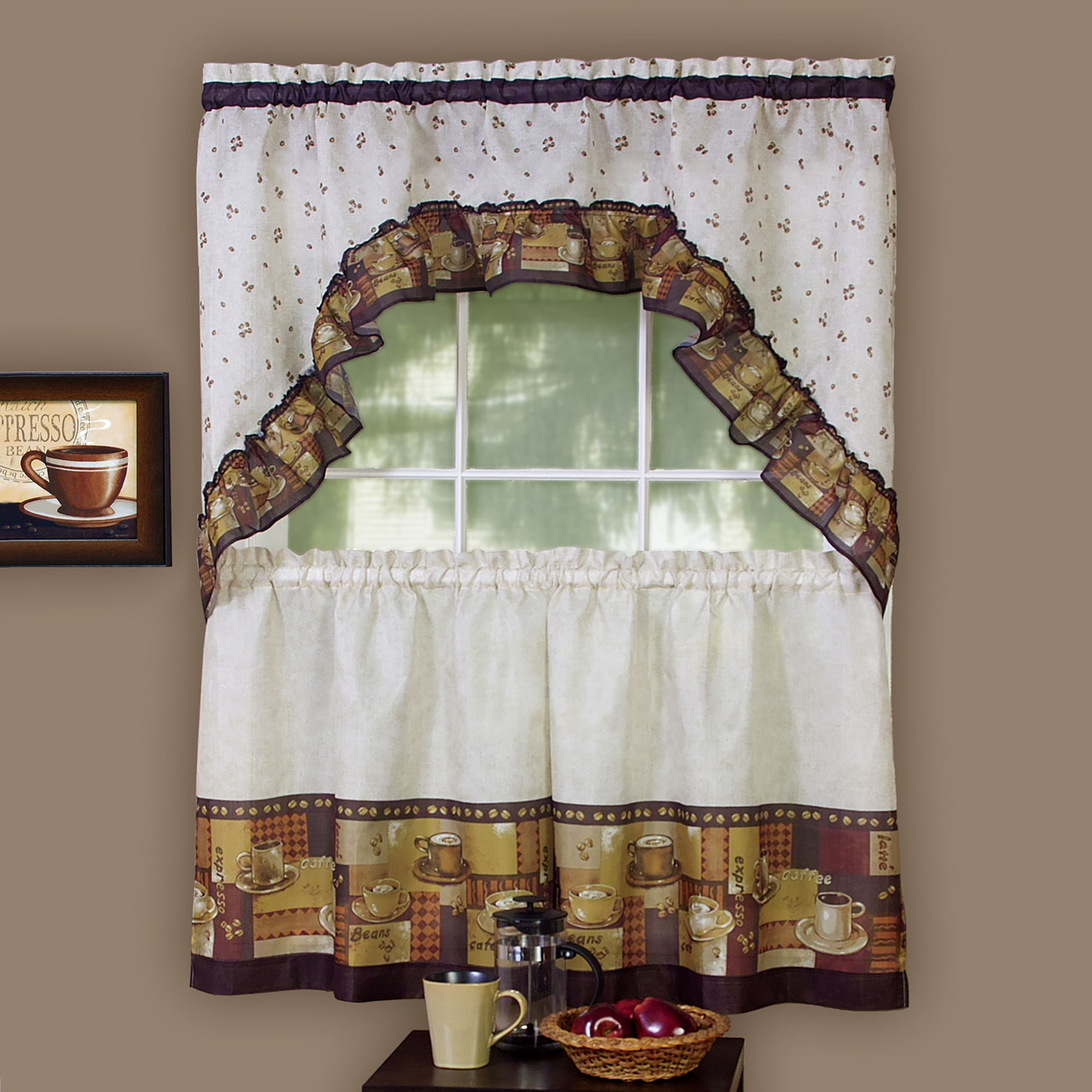 3 Piece Window Kitchen Curtain Set Cafe And Latte Tier Pair