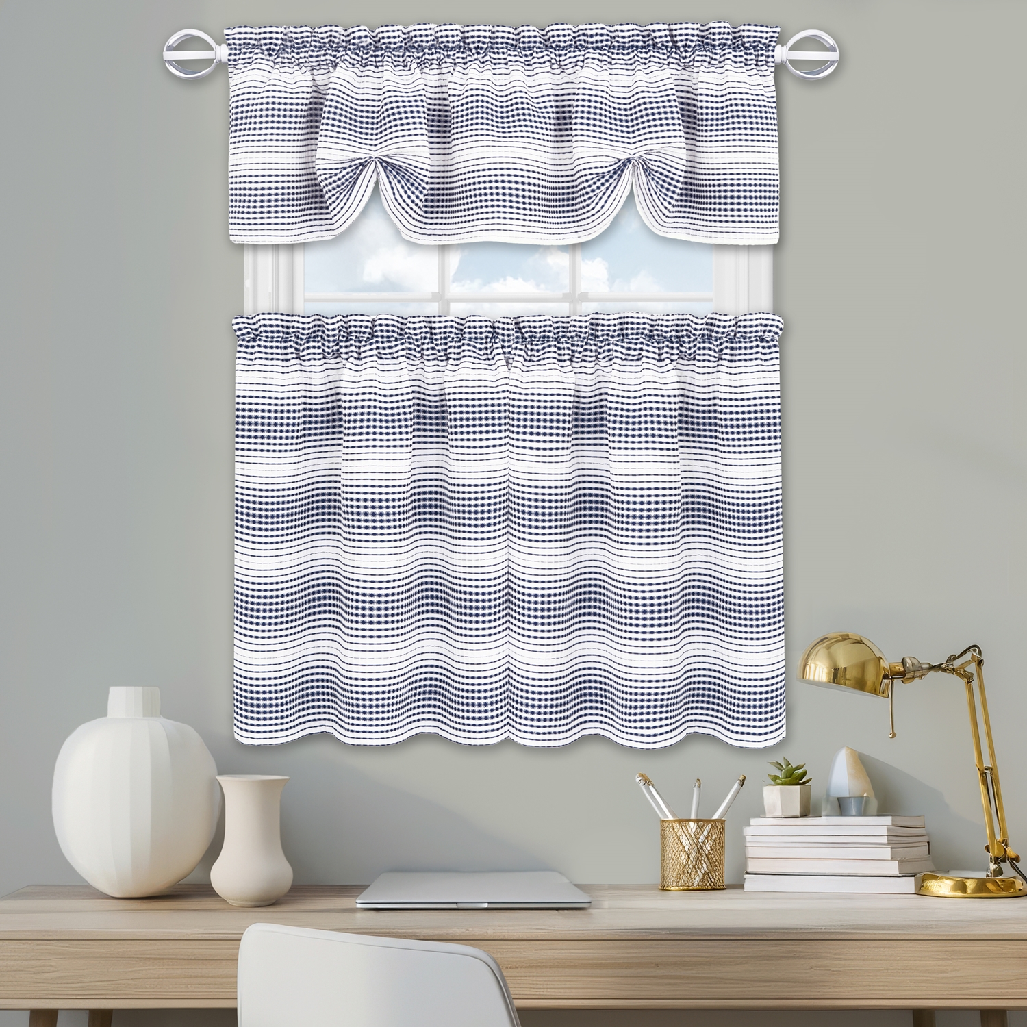 PowerSellerUSA Gramercy Ombre Gradient Stripes Window Tier Pair & Valance Set