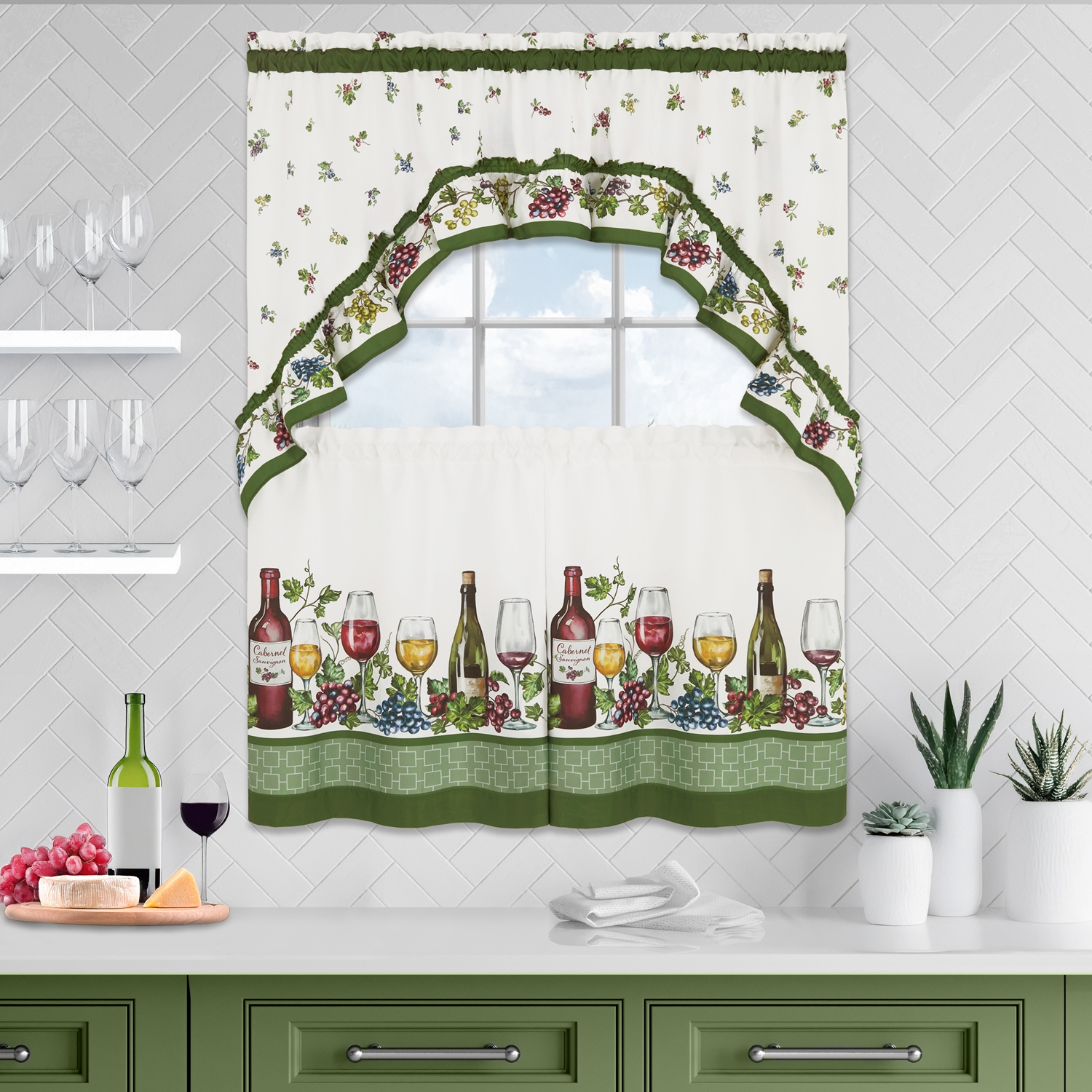 PowerSellerUSA Napa 3-Pcs Polyester Printed Lattice Border Tier Pair & Swag Set