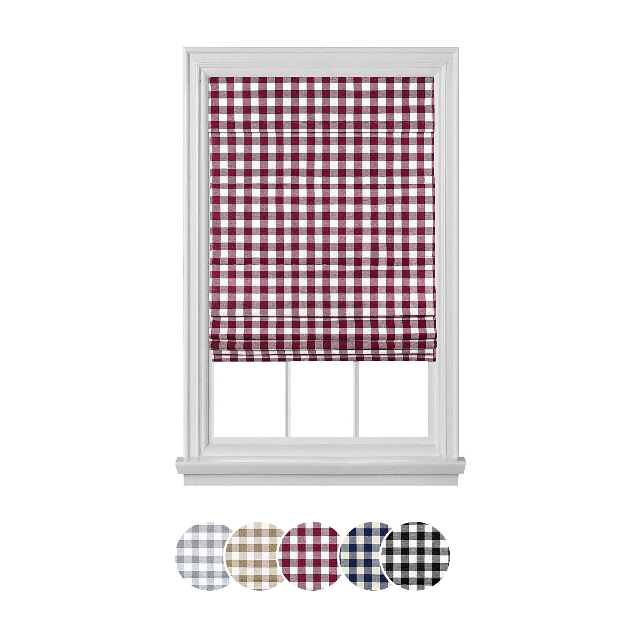 Blackout Cordless Retractable Check Plaid Gingham Taupe Window Roman