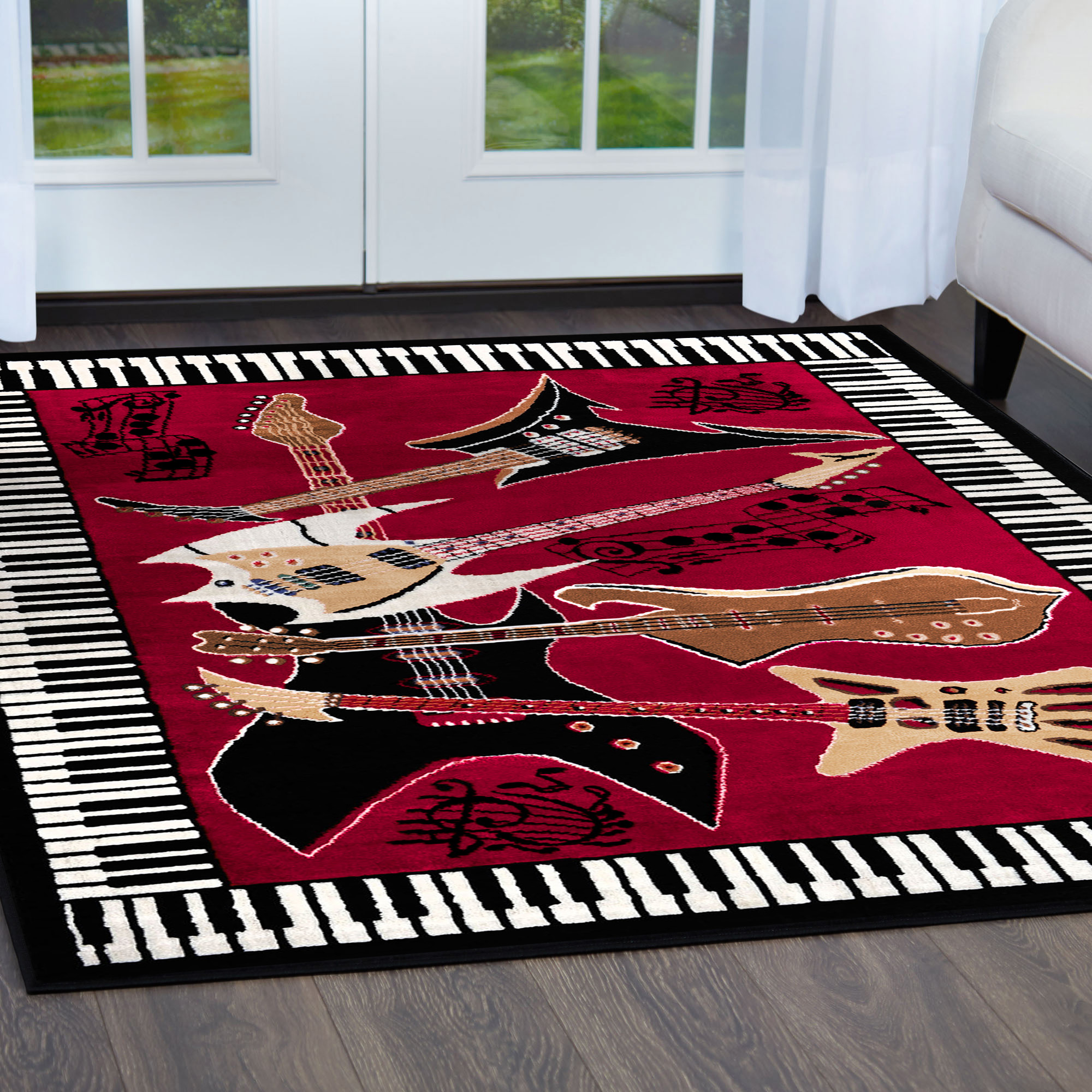 Musical Instrument Piano Key Bordered Red Area Rug Guitar Music Notes Carpet - Picture 7 of 14