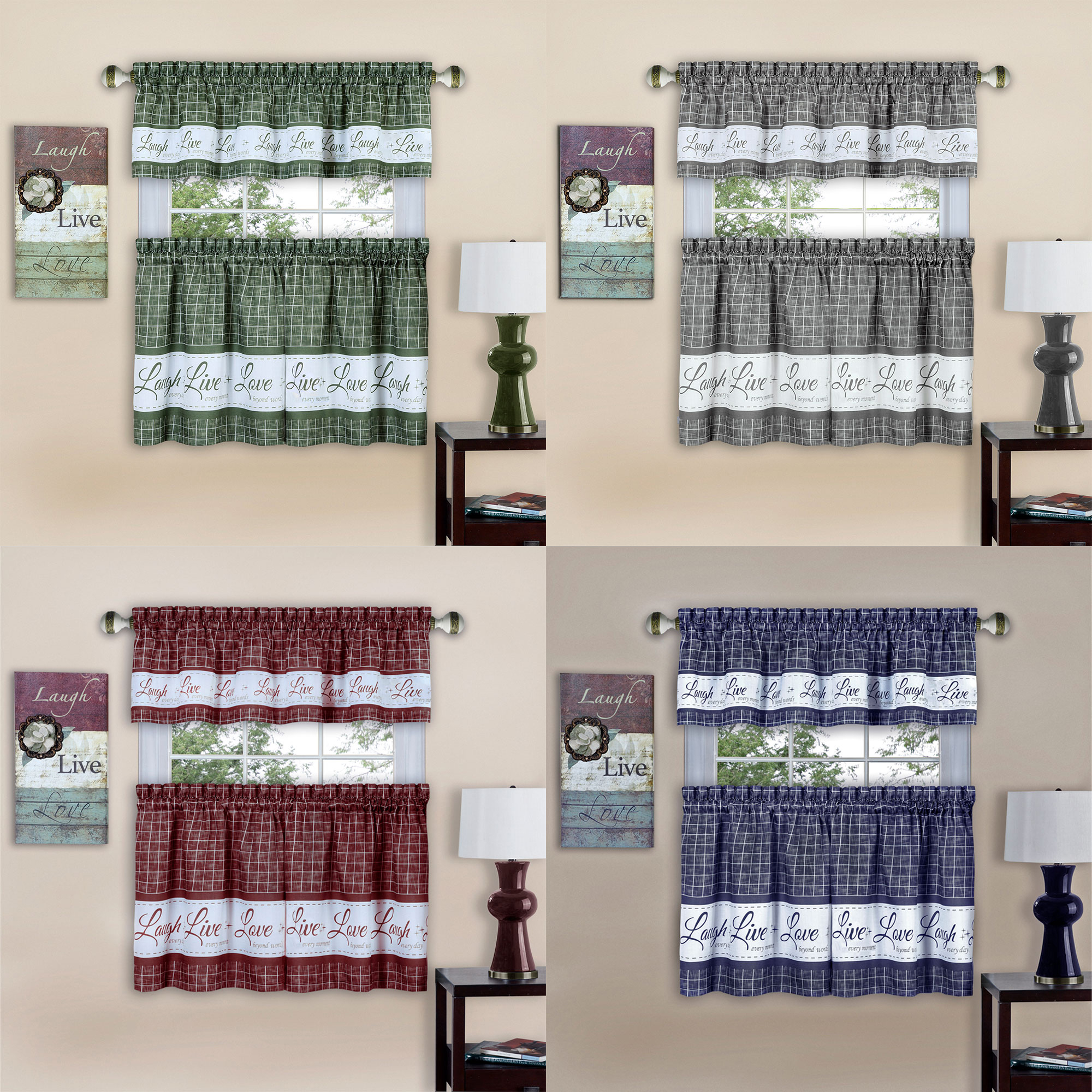 Country Gingham Check Live Laugh Love 3 Piece Cafe Plaid Kitchen