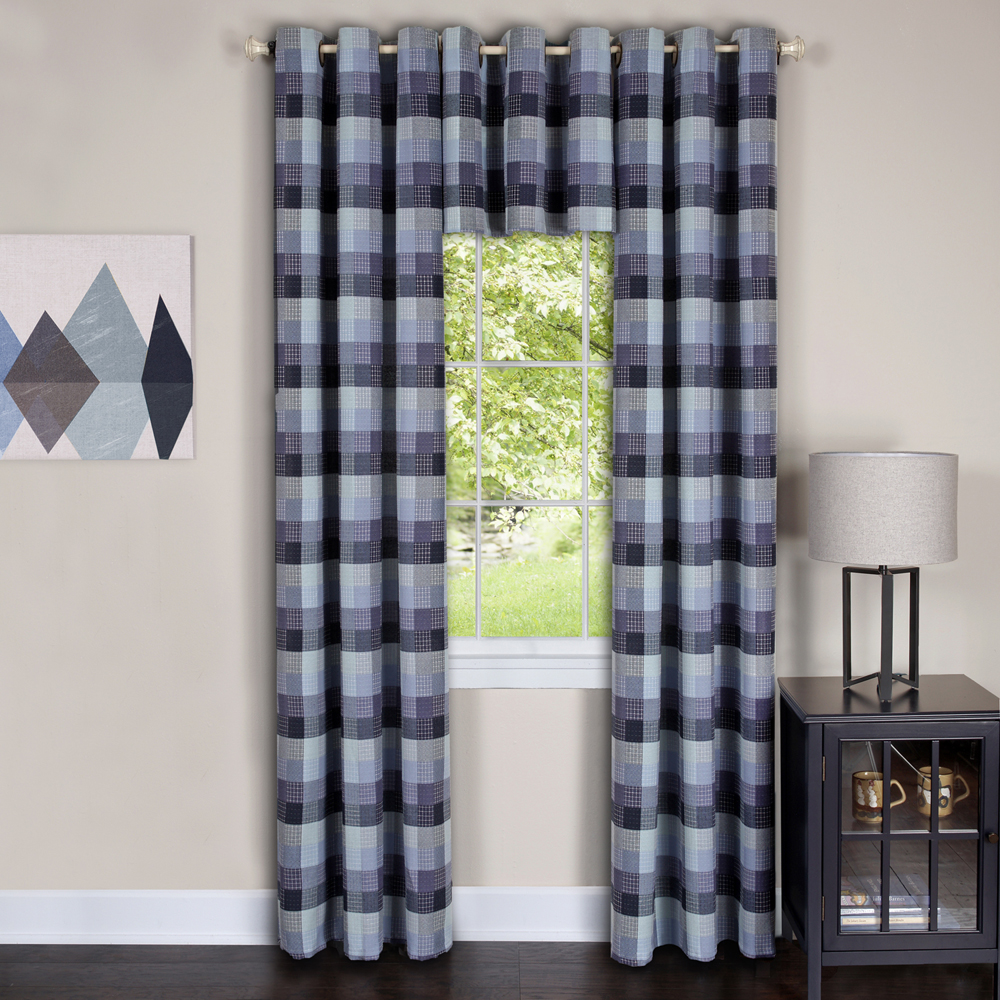 Blue Geometric Plaid Window Kitchen Curtain Drape Privacy Sheer