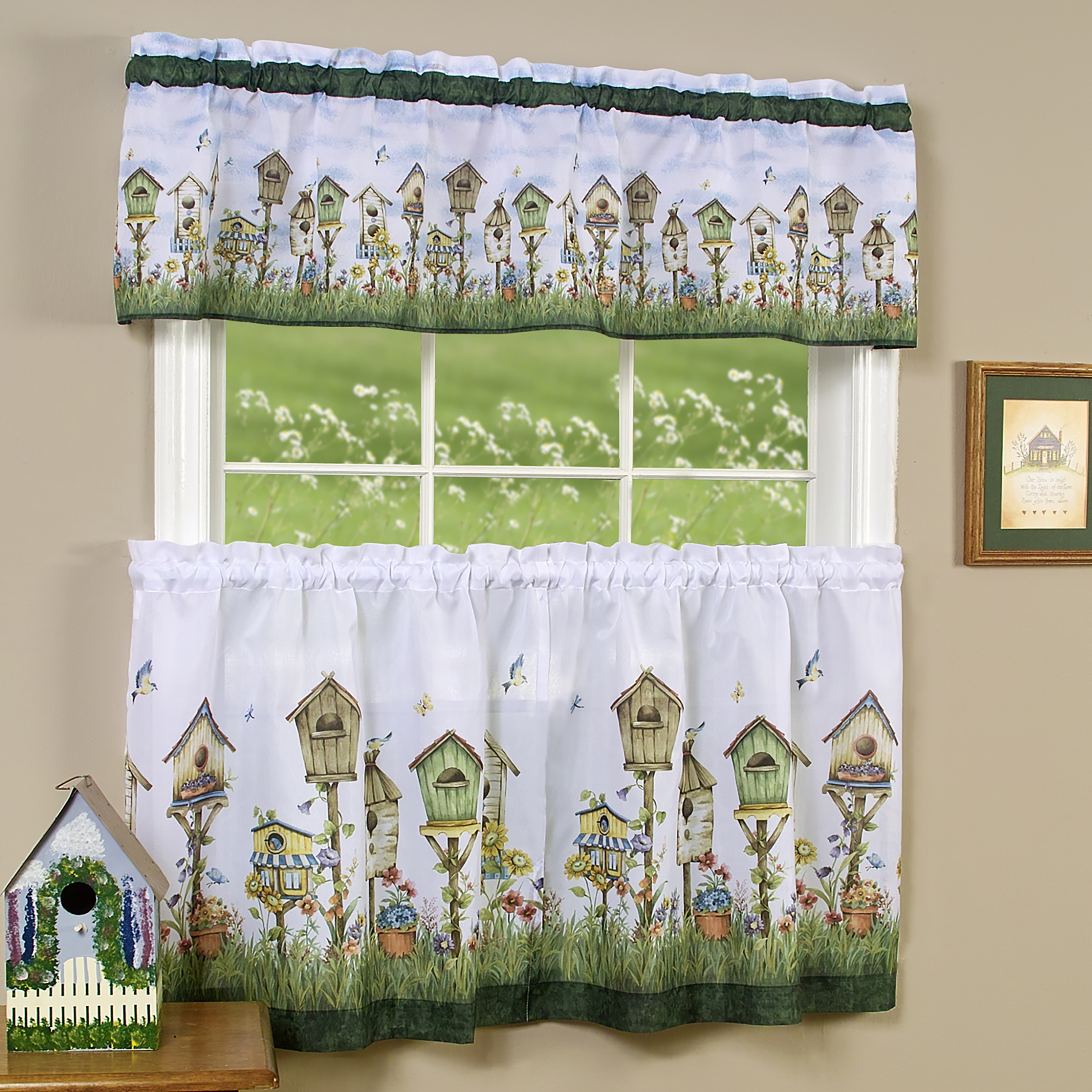3pc Floral Window Kitchen Curtain Set Love Birds Birdhouse Tier
