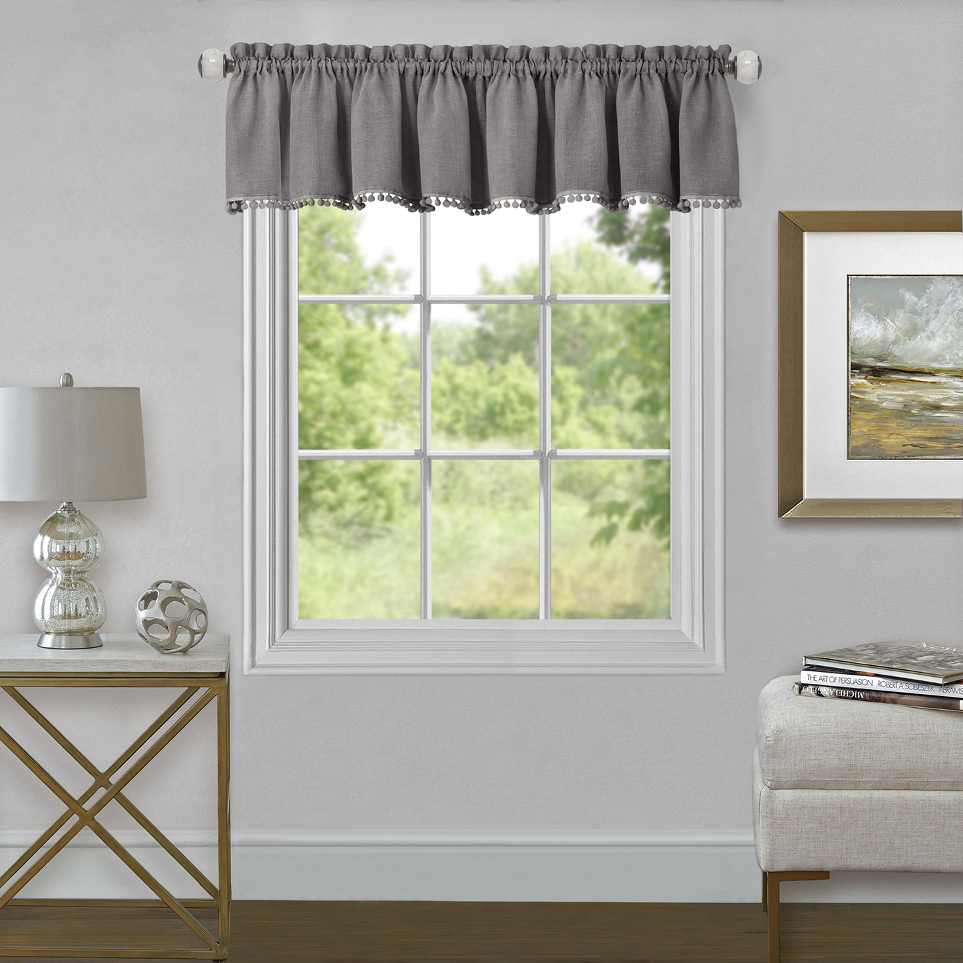 Silver Gray Semi Sheer Solid Tier Panels Valance With Vertical Pom