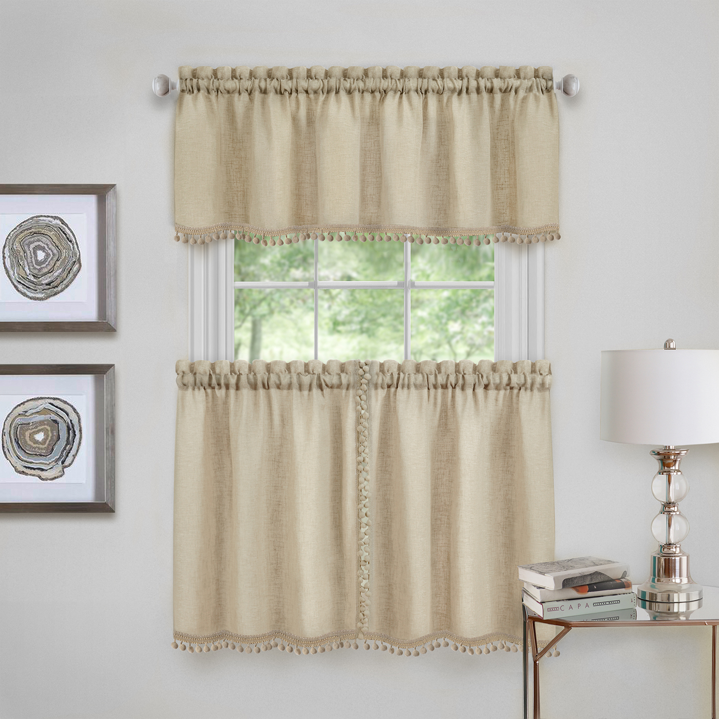 Silver Gray Semi Sheer Solid Tier Panels Valance With Vertical Pom