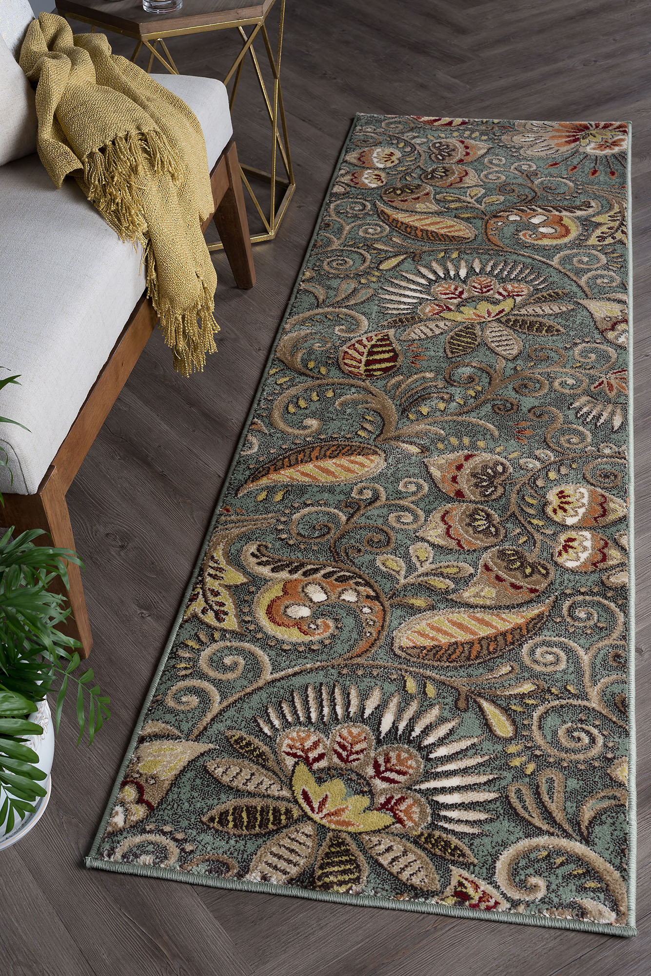 Blue Paisley Leaves Scroll Nature Abstract Runner 1009 – Aprx 2′ 3″ x 7′ 7″