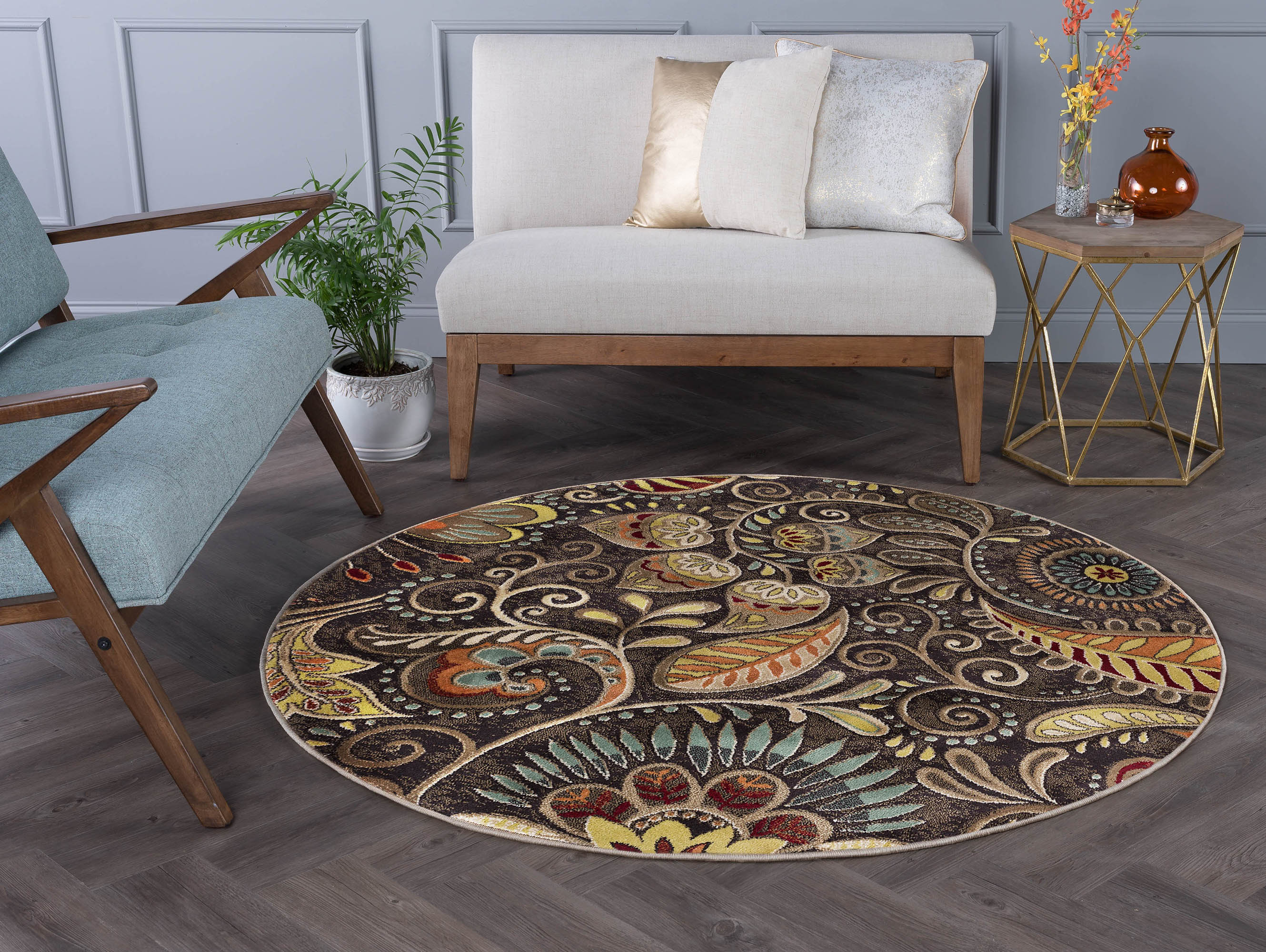 Brown Transitional Paisley Floral 5′ Round Area Rug Leaf Carpet: Actual 5′ 3″