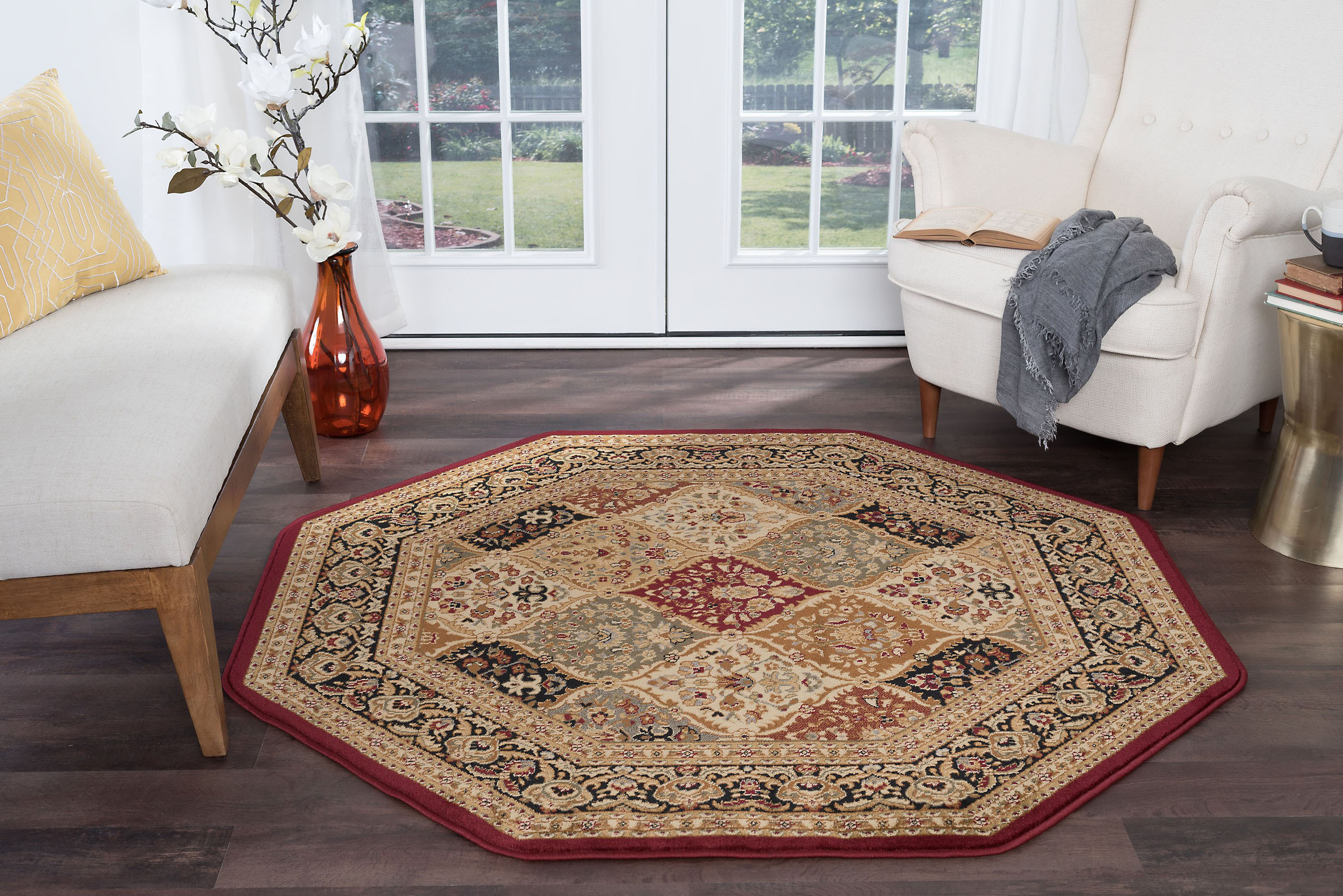 Red Bordered Panel Flower Area Rug Octagon 4770 – Aprx 5′ 3″ x 5′ 3″