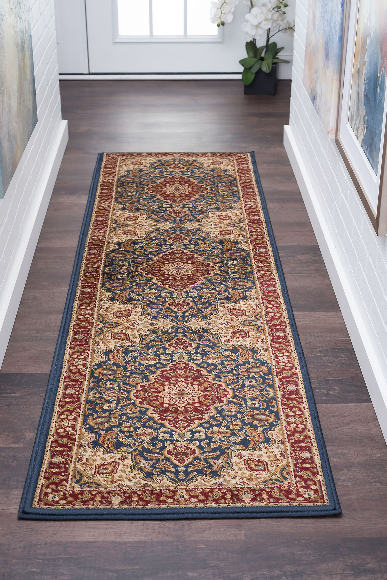 Navy Blue Traditional Oriental Bordered 2×7 Runner Carpet: Approx 2’3″ x 7’3″