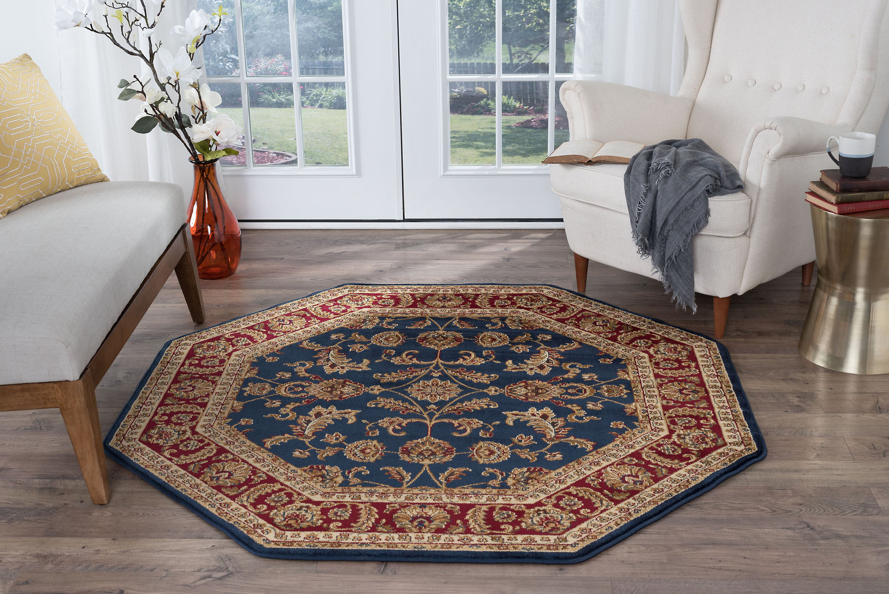 Blue Vines Leaves Bordered Asian Area Rug Octagon 4797 – Aprx 5′ 3″ x 5′ 3″