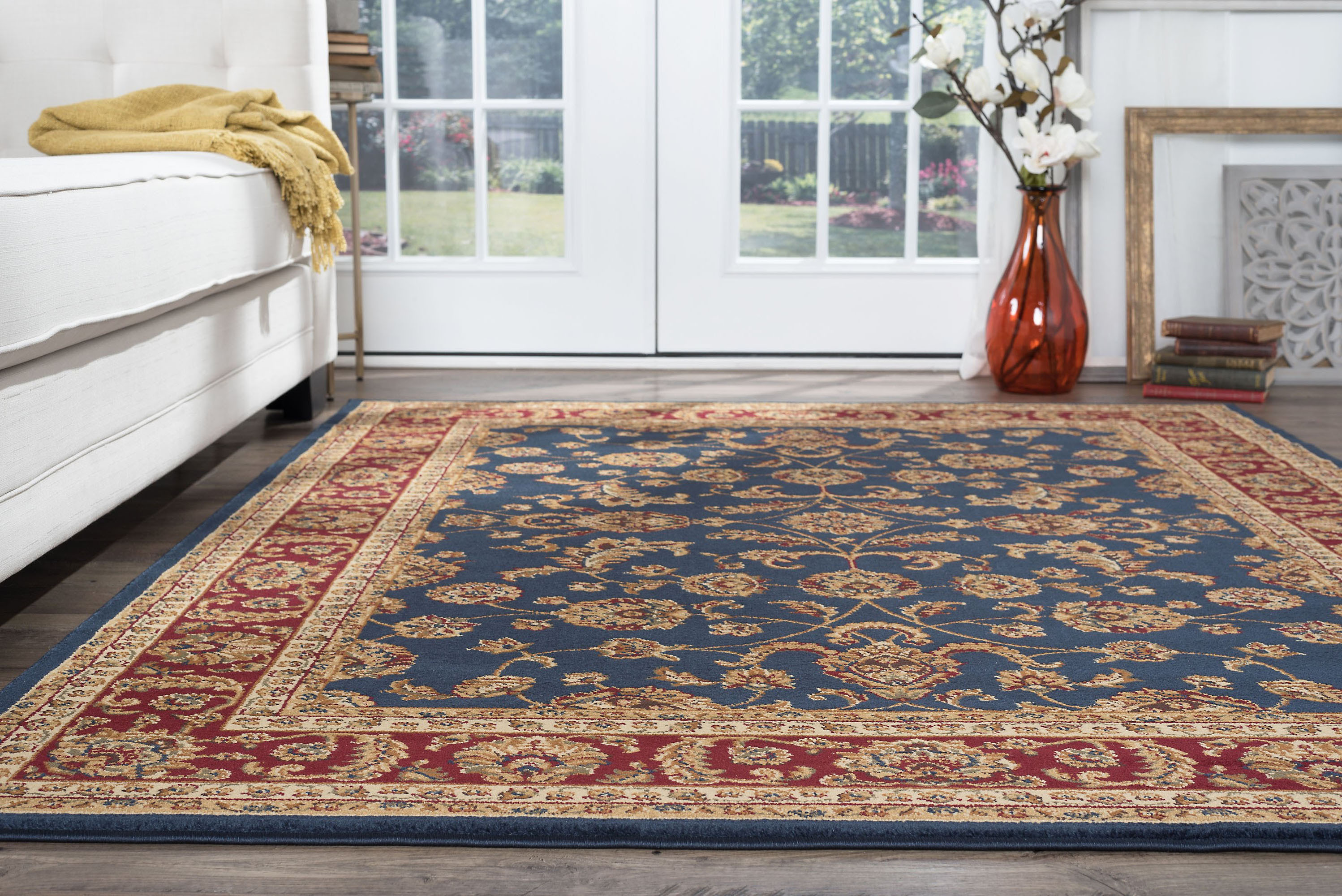 Navy Blue Traditional Oriental Bordered Area Rug Multi Vines Leaf