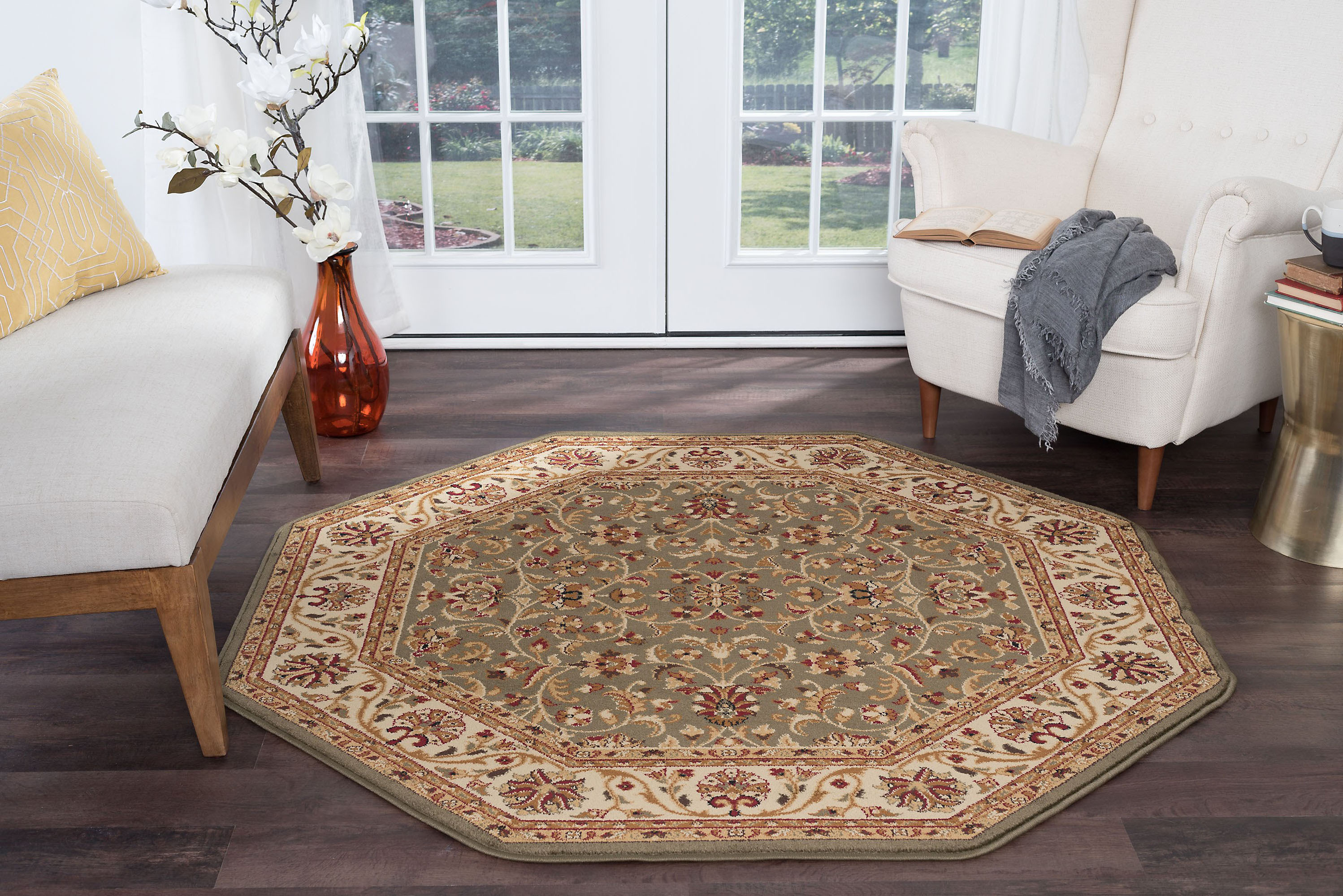 Green Vines Leaves Petals Asian Area Rug Octagon 4815 – Aprx 5′ 3″ x 5′ 3″