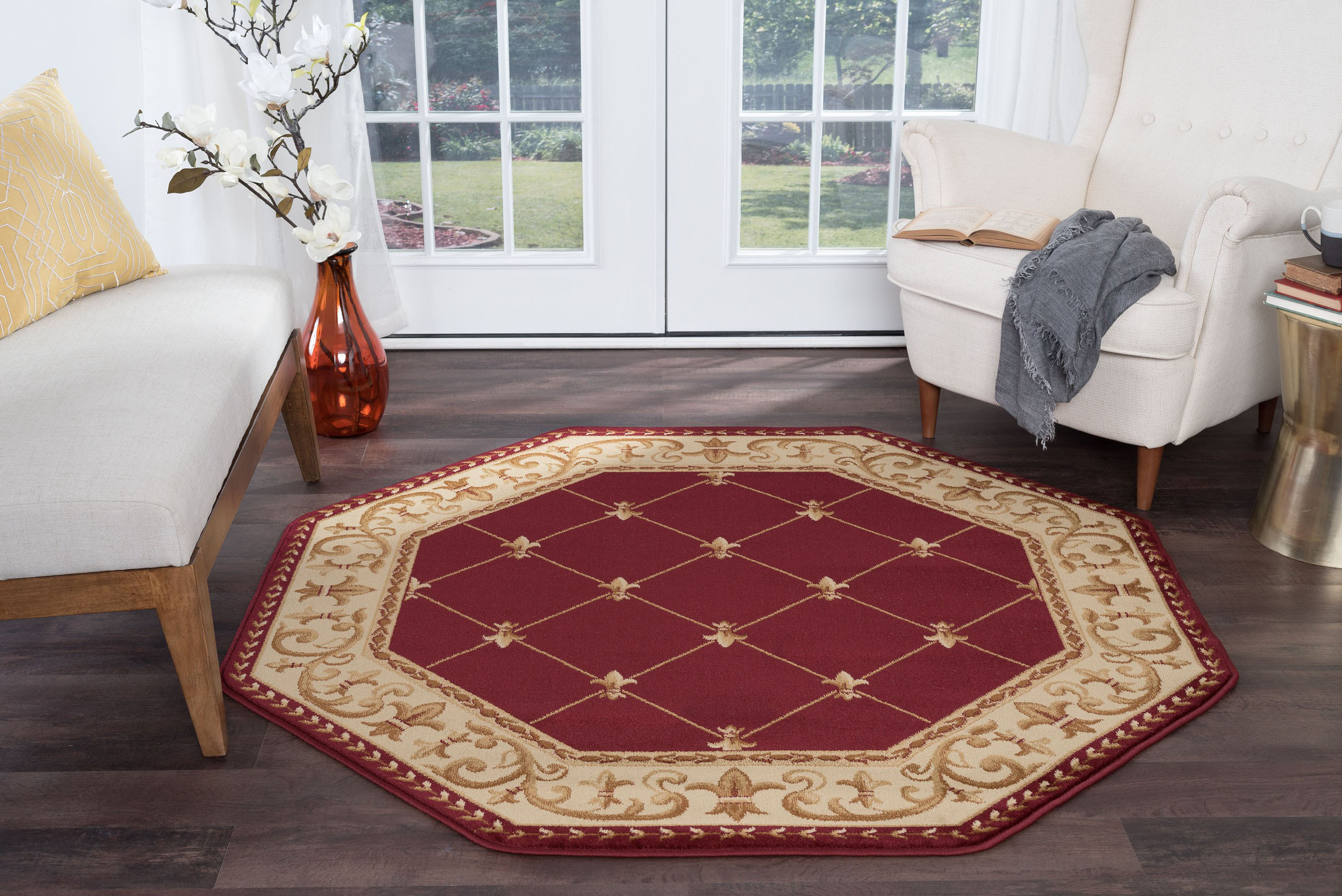 8x8 Red Octagon Traditional Bordered Area Rug Approx Size 7' 10 x 7