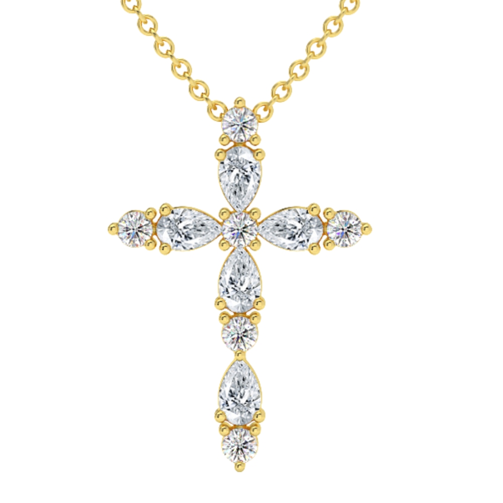 F/VS .75Ct Diamond Cross Round & Pear Shape 14k Gold Necklace Lab Grown 1" Tall - Picture 7 of 7