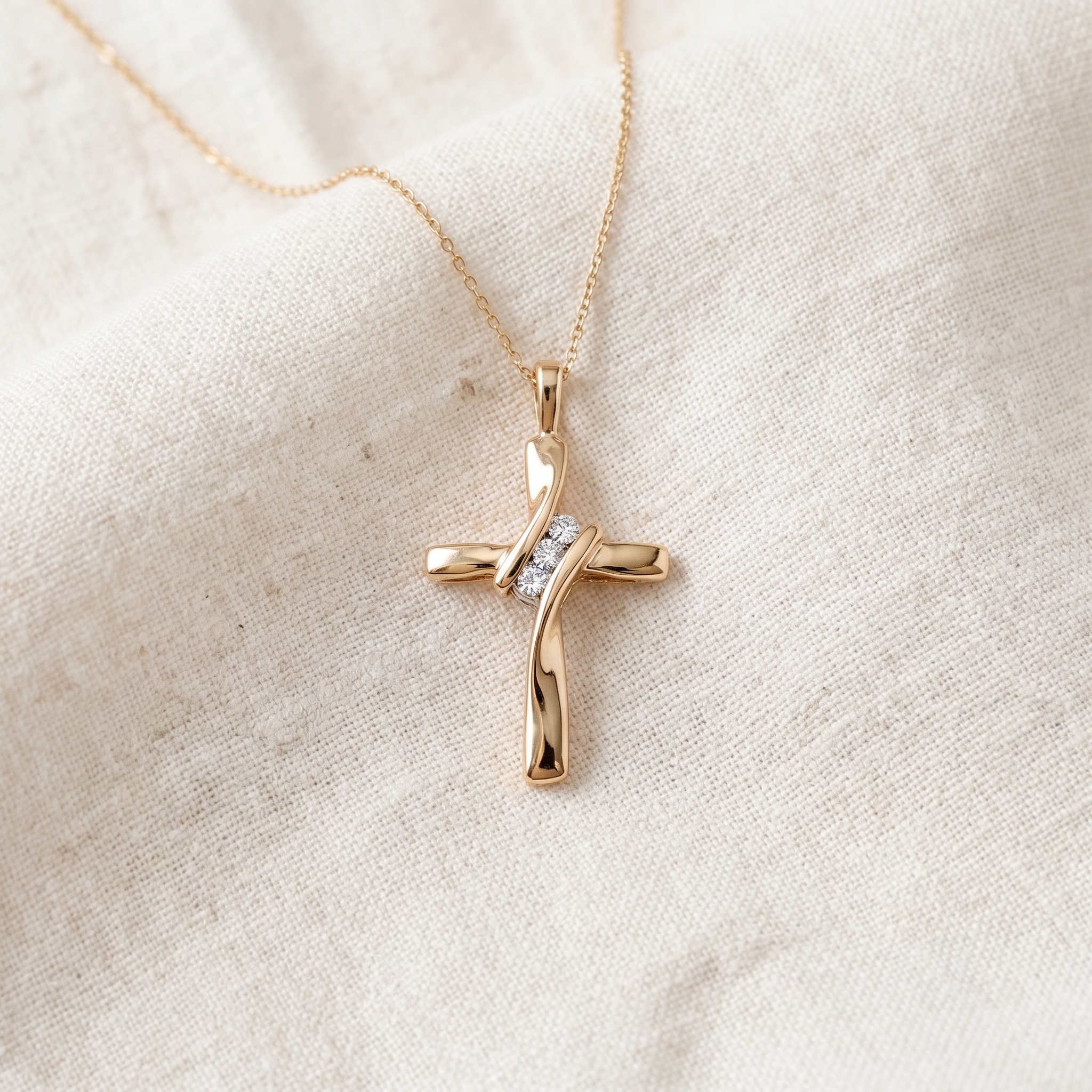 Three Stone Real Diamond Cross Pendant 10K Yellow Gold Necklace 19mm tall