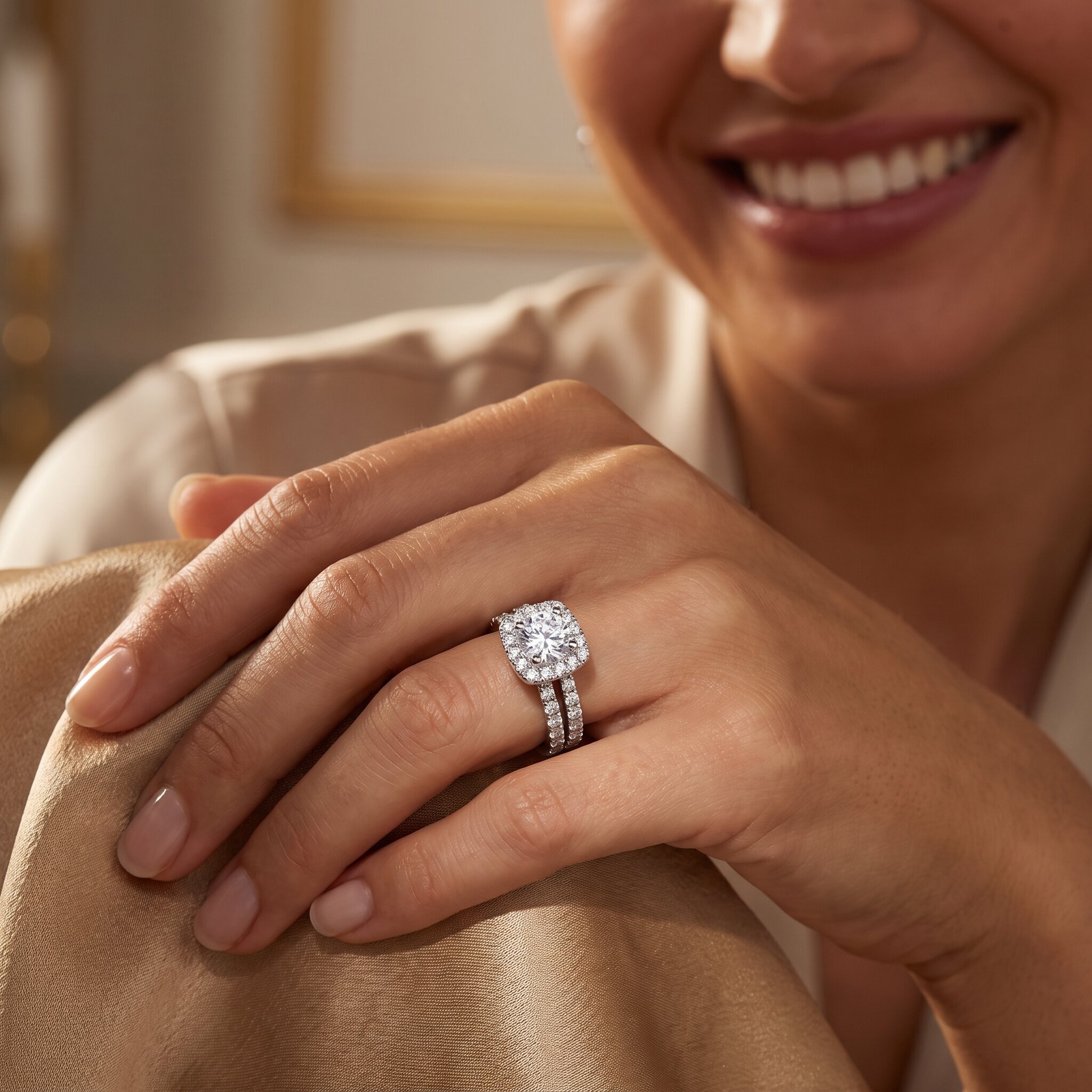 5/8Ct Cushion Halo Natural Round Diamond Engagement Wedding Ring Set White Gold