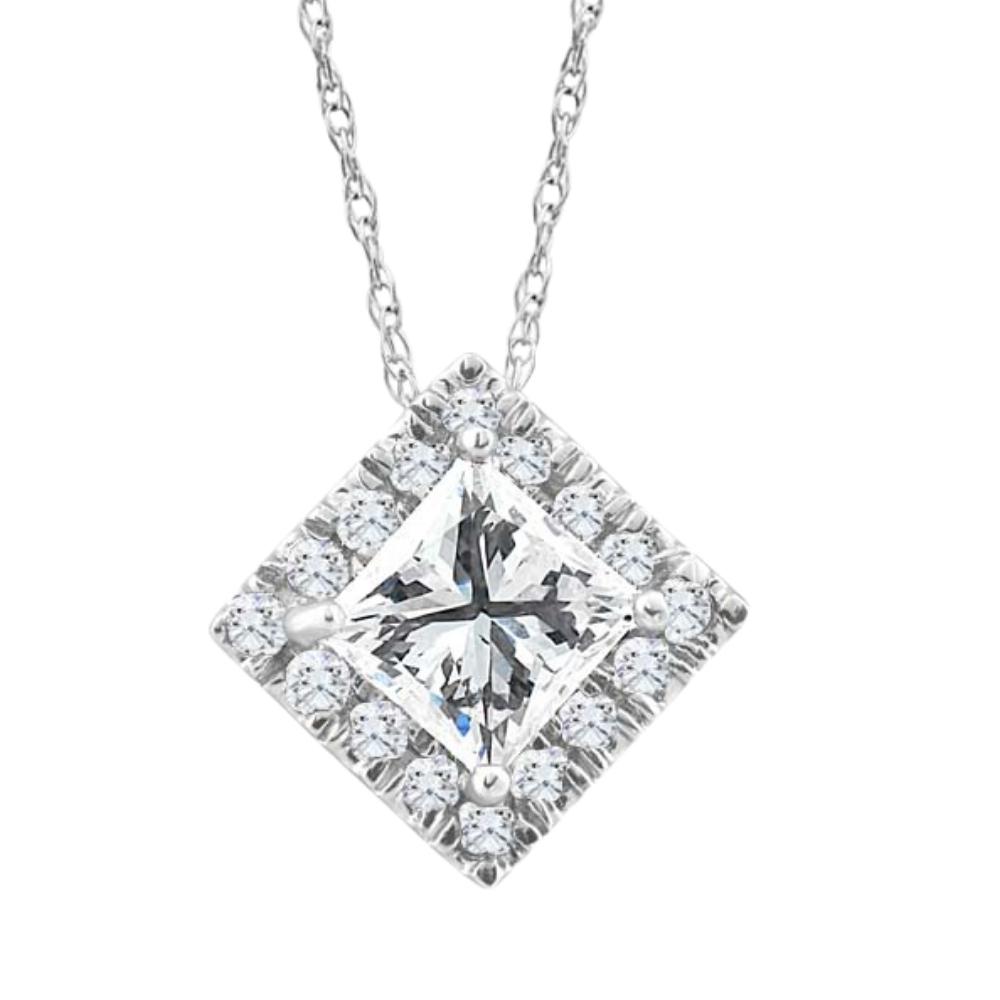 1 1/5Ct TW Princess Cut Diamond Lab Grown Halo Pendant White Gold 18″ Necklace