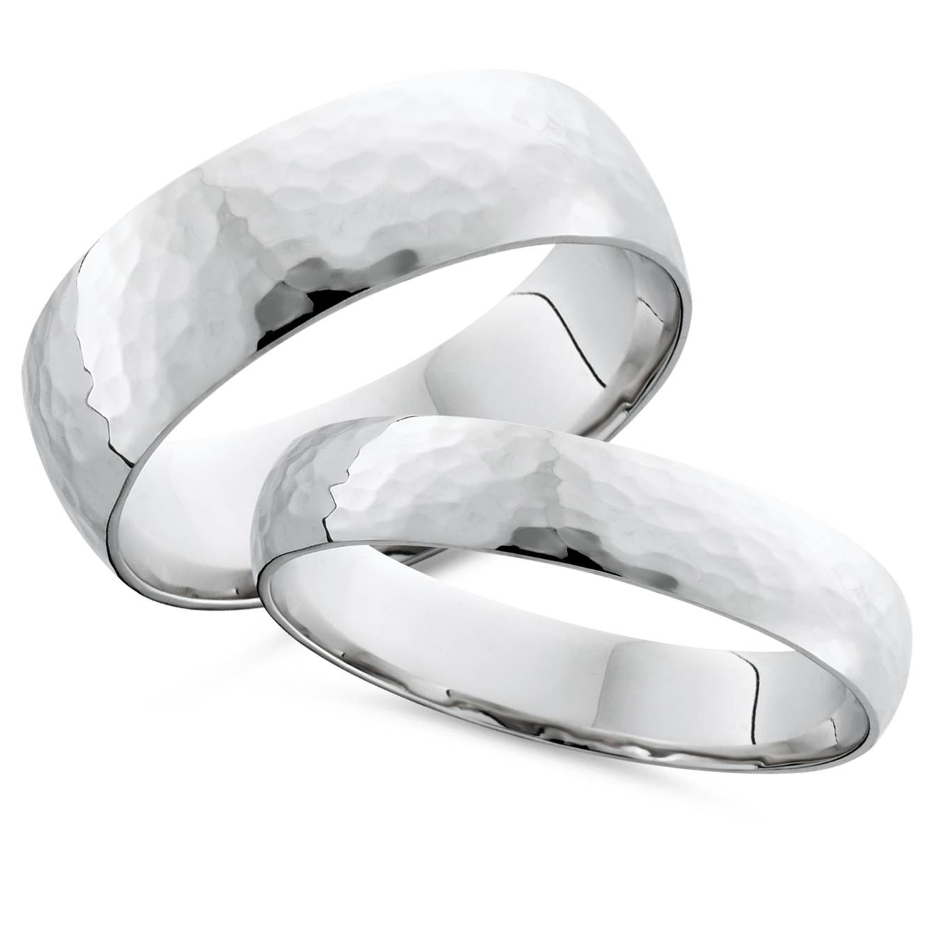 Matching White Gold His Hers Hammered Wedding Band Set