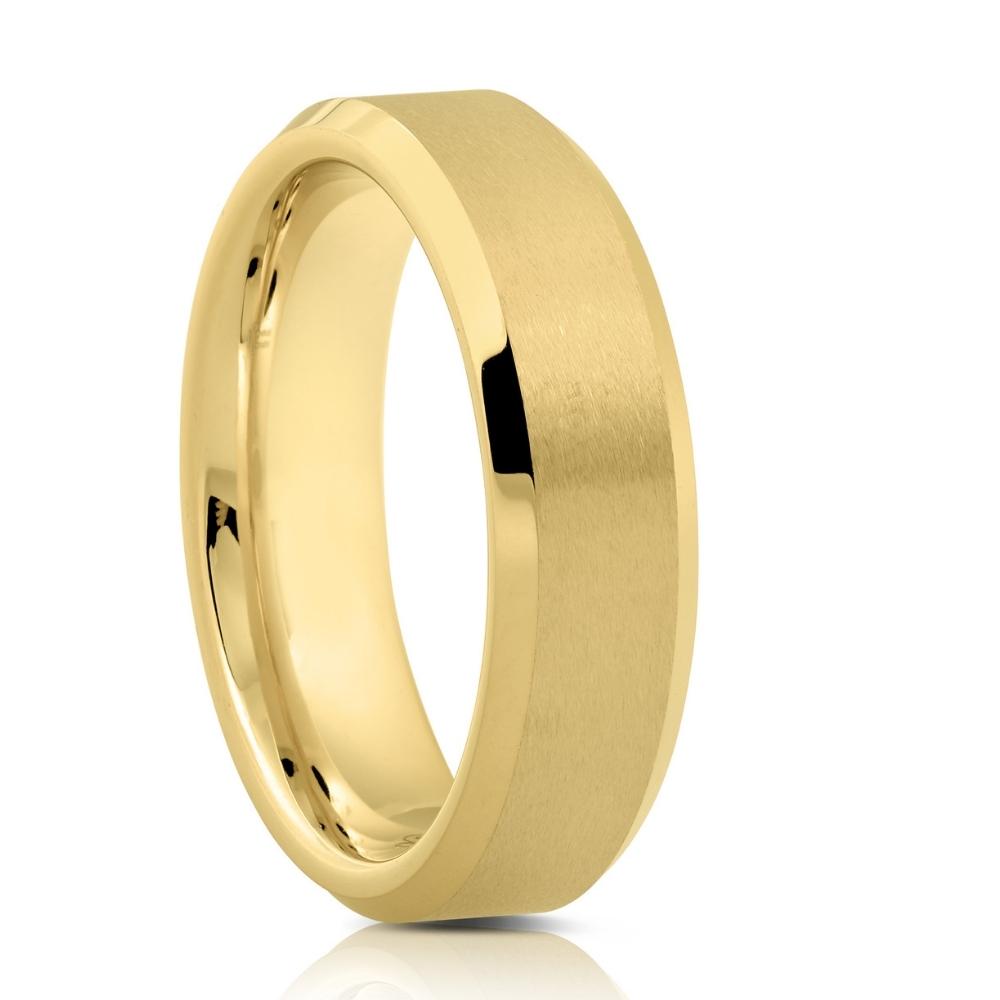 Mens Gold Plated Tungsten Ring 6mm Comfort Fit Brushed Beveled Edge Wedding Band - Picture 2 of 13