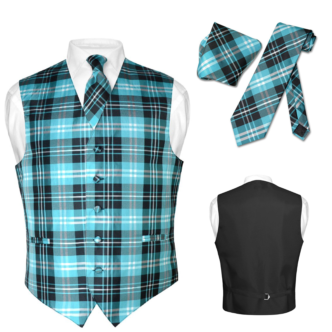 Mens Plaid Design Dress Vest /& Necktie Black Gray White Neck Tie Set