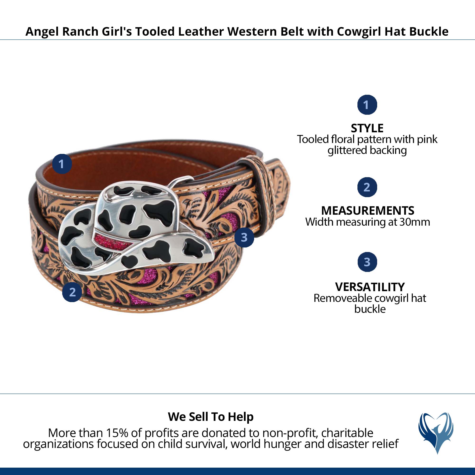 Angel Ranch Girl's Tooled Leather Western Belt with Cowgirl Hat Buckle - Picture 4 of 7