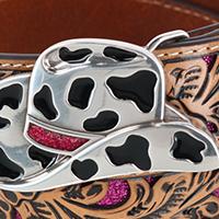 Angel Ranch Girl's Tooled Leather Western Belt with Cowgirl Hat Buckle - Picture 5 of 7
