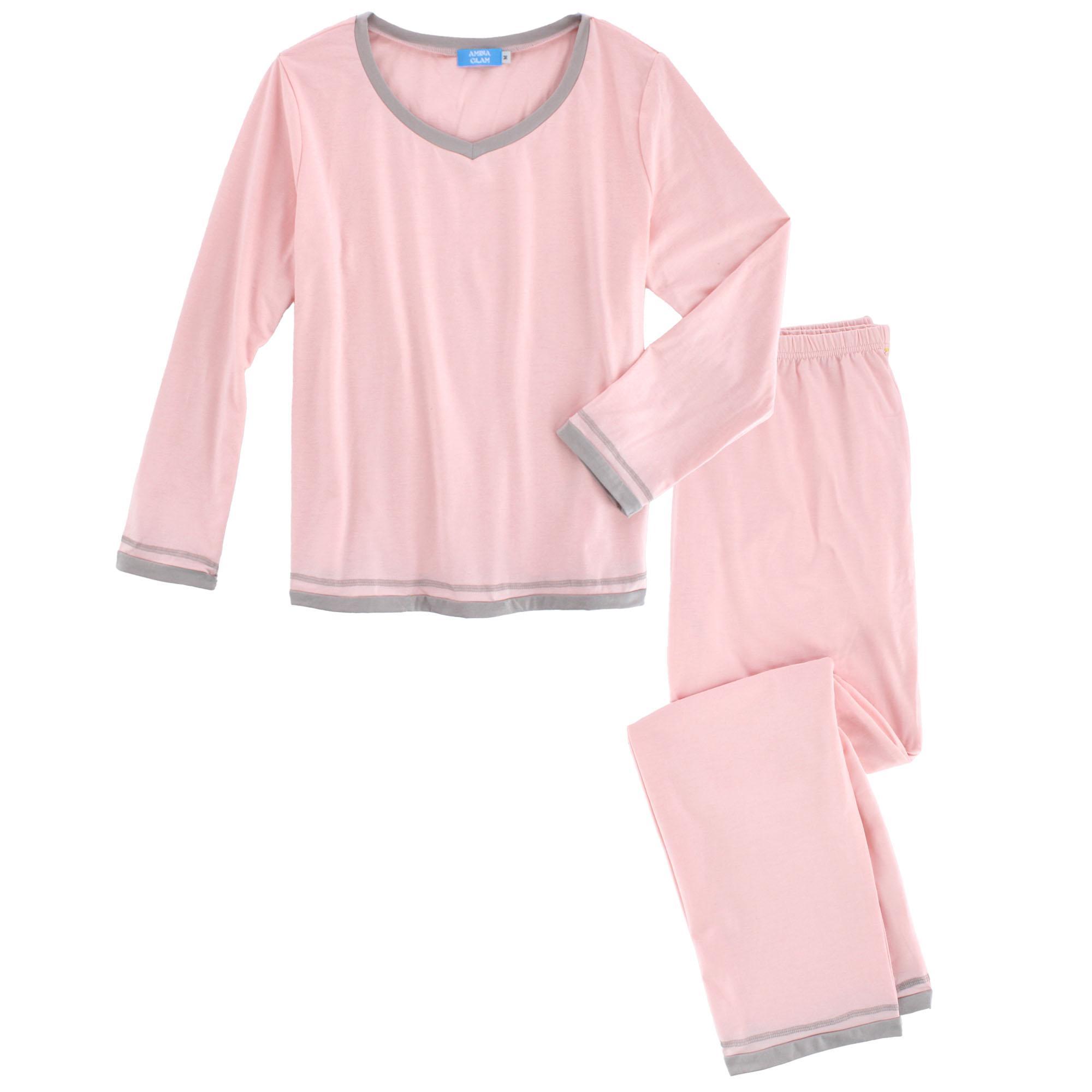CTM Women's Cotton Blend Long Sleeve V-Neck Pajama Set - Pink Large