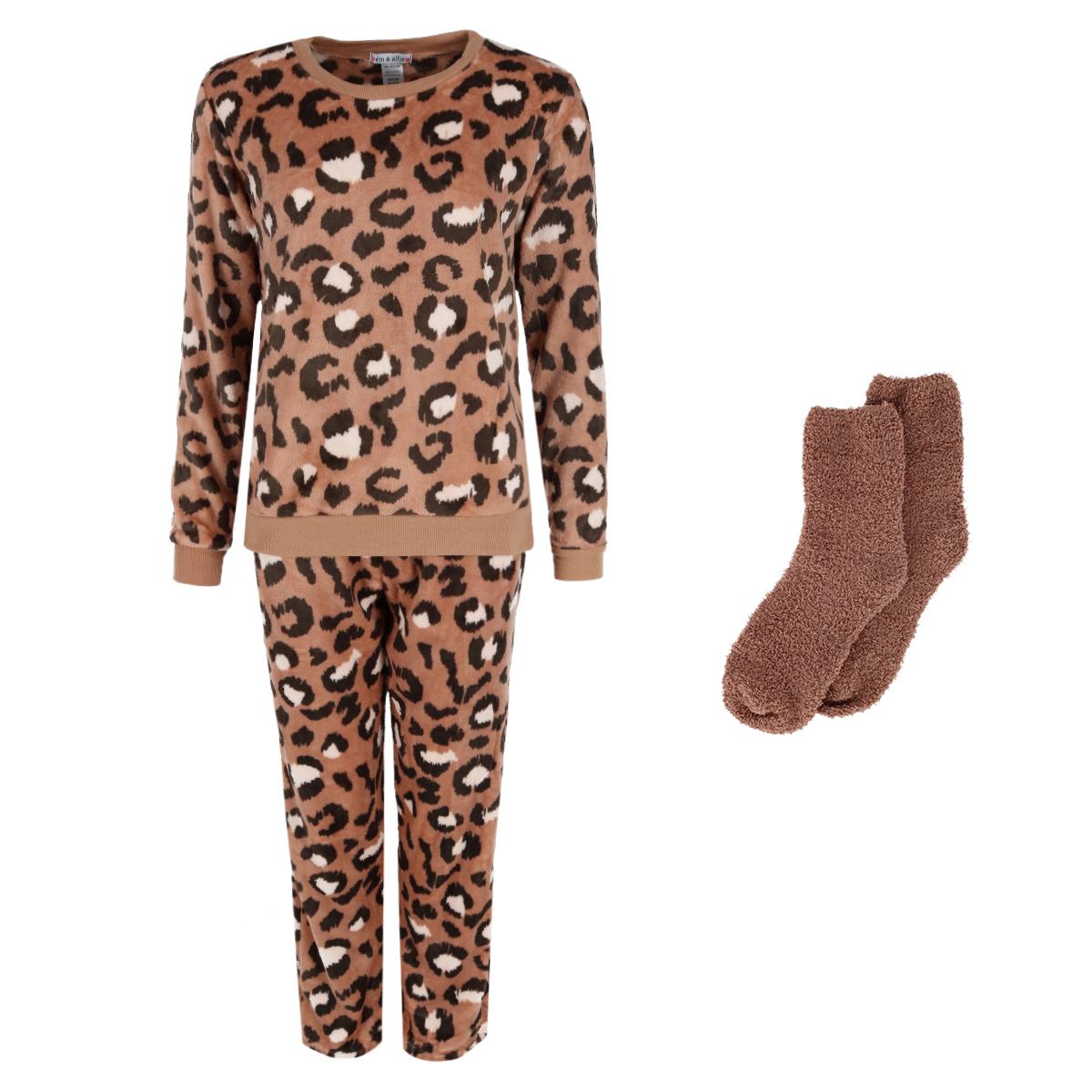 em & alfie Women's Leopard Print Pajama Set with Socks