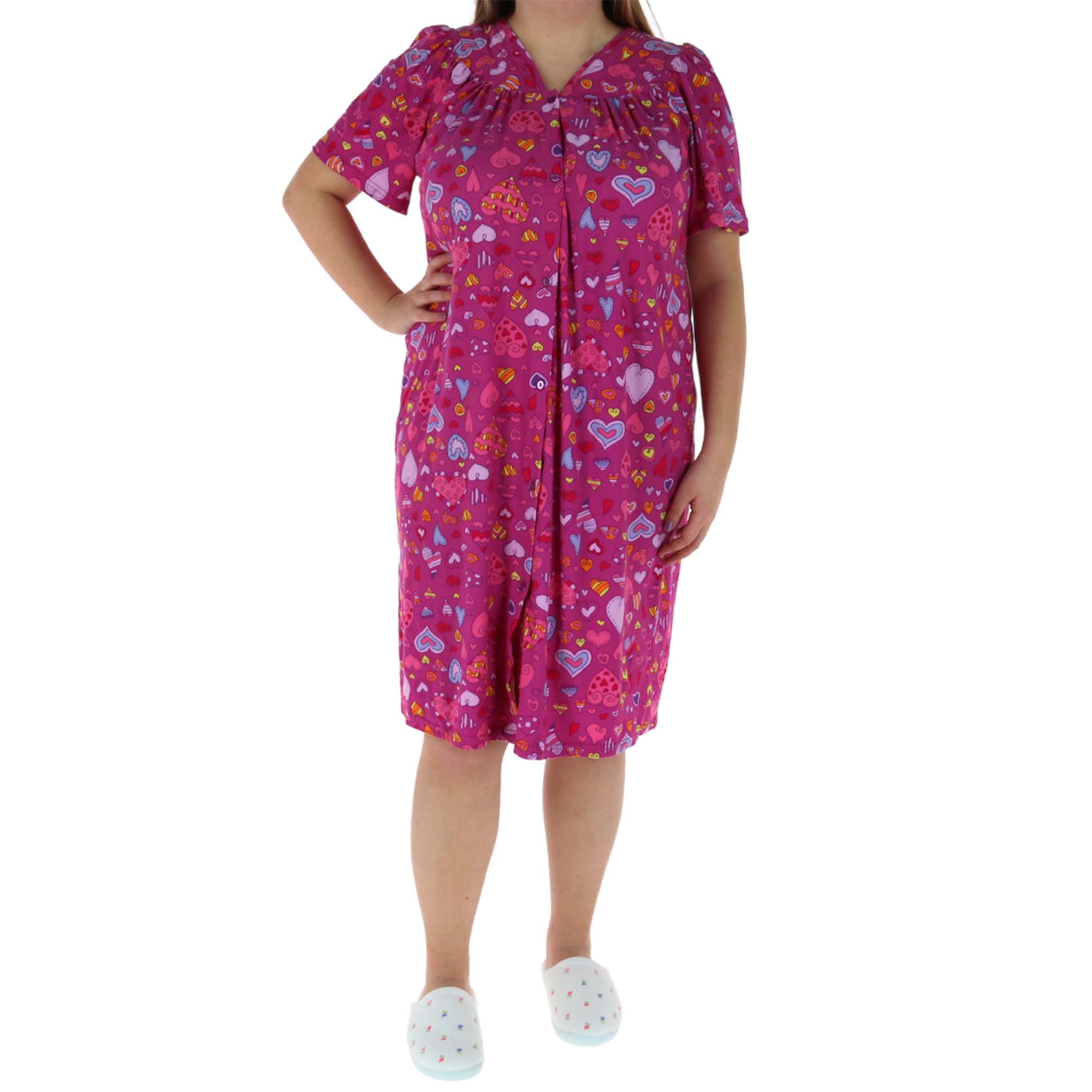 Elegant Emily Women's Pink Hearts Short Sleeve Button Down Duster - Picture 4 of 14
