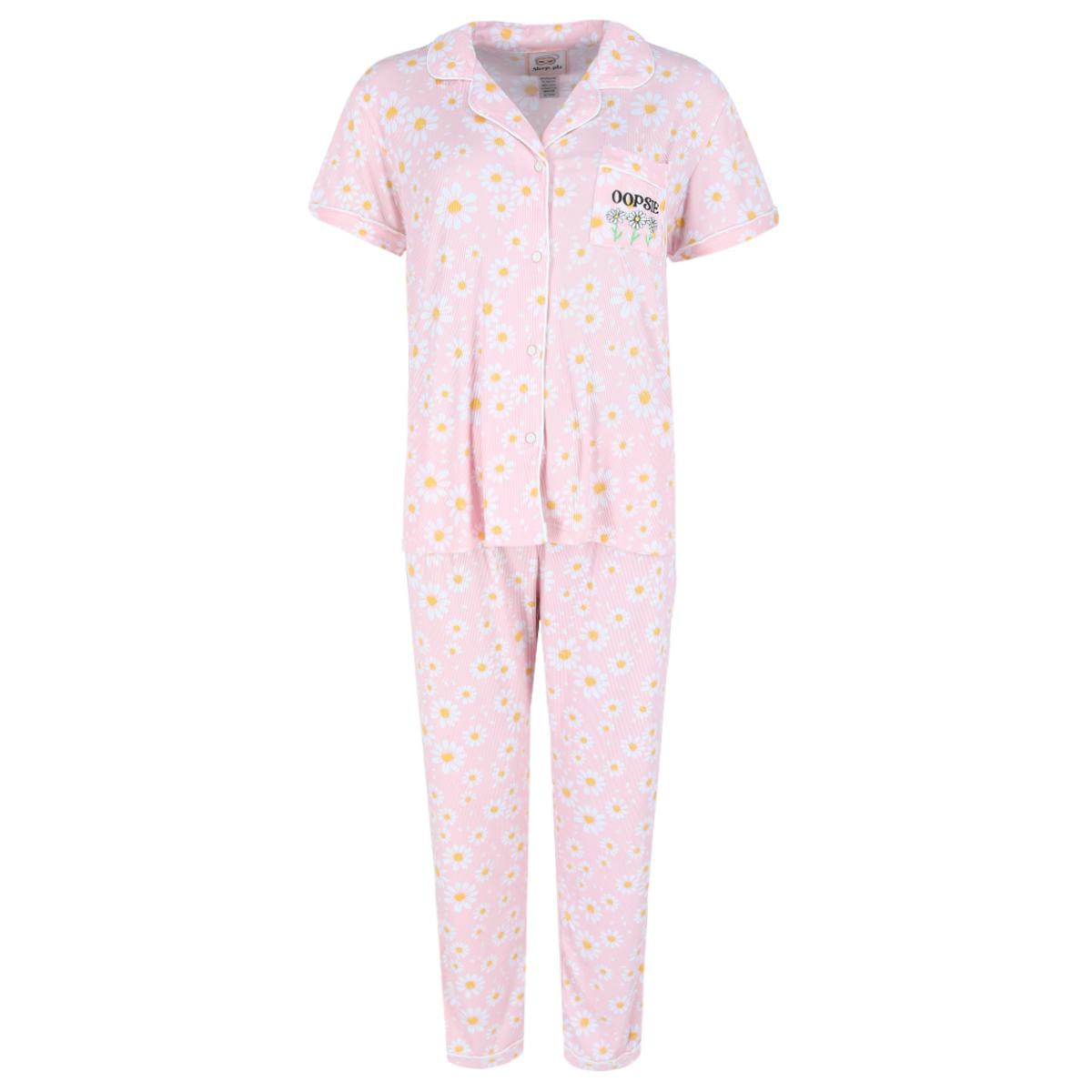 Sleep  plz Women's Plus Ribbed Notch Short Sleeve Pajama