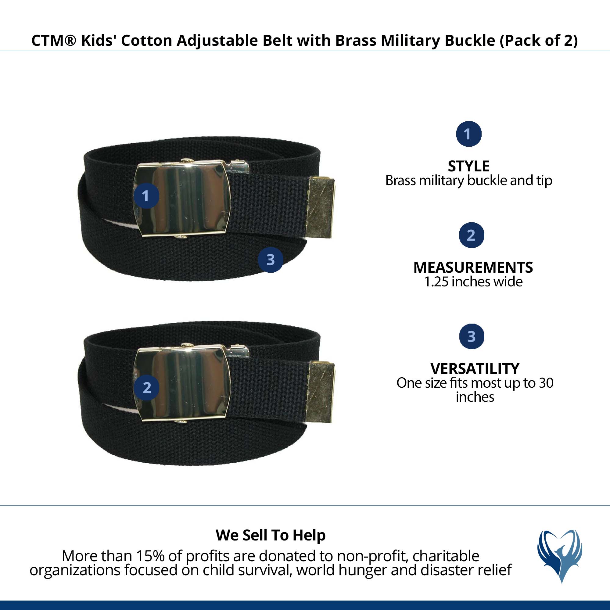 CTM Kids' Cotton Adjustable Belt with Brass Military Buckle (Pack of 2) - Picture 4 of 13